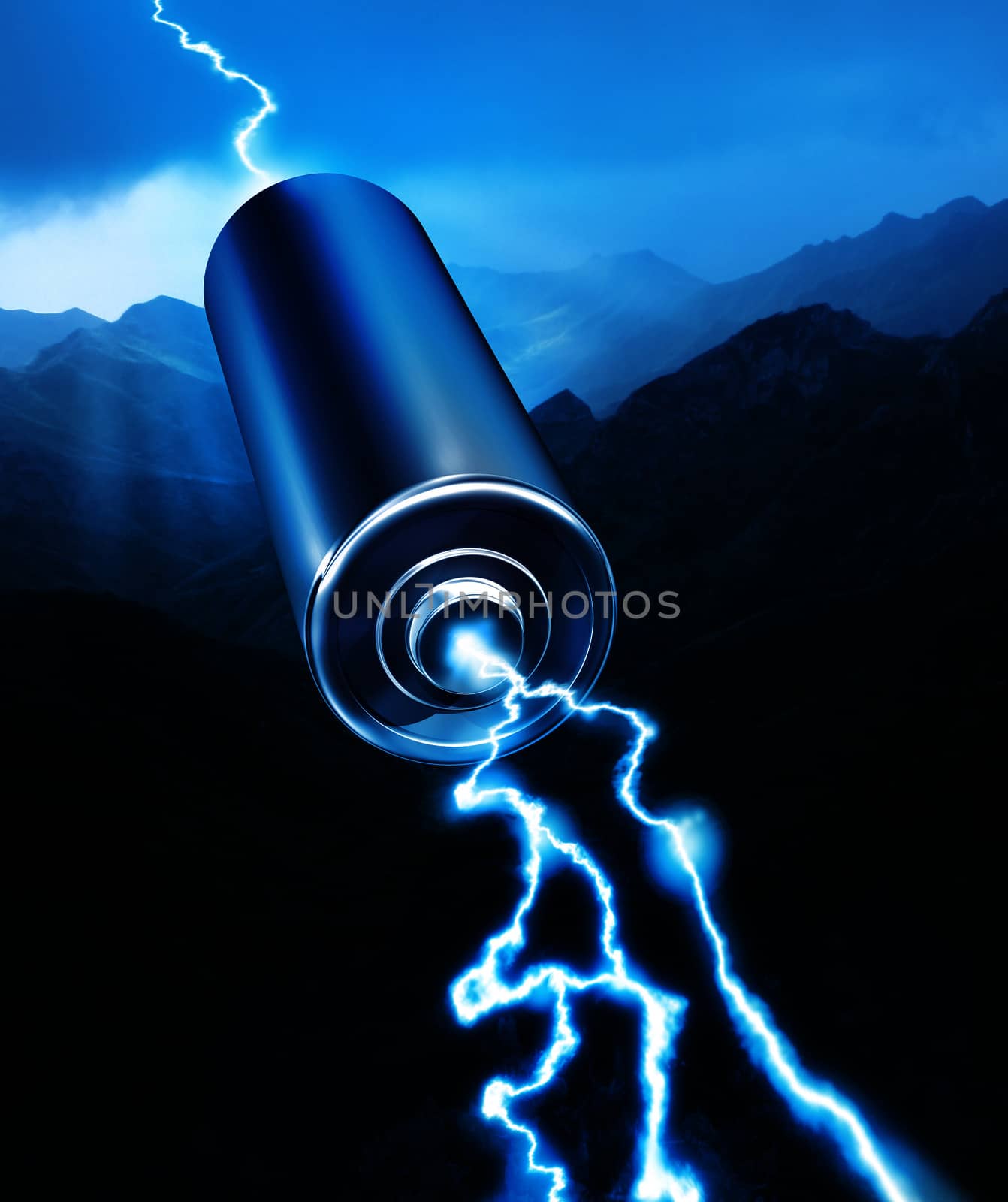 Energy power battery blue sparks on mountain silhouette background