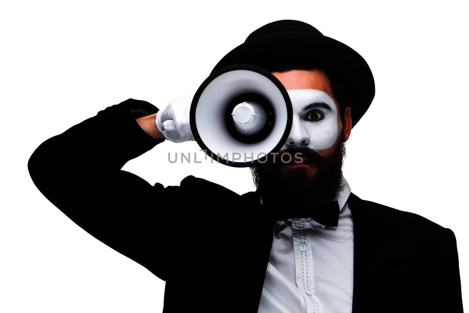 A mime as business man with a megaphone  isolated on a white background