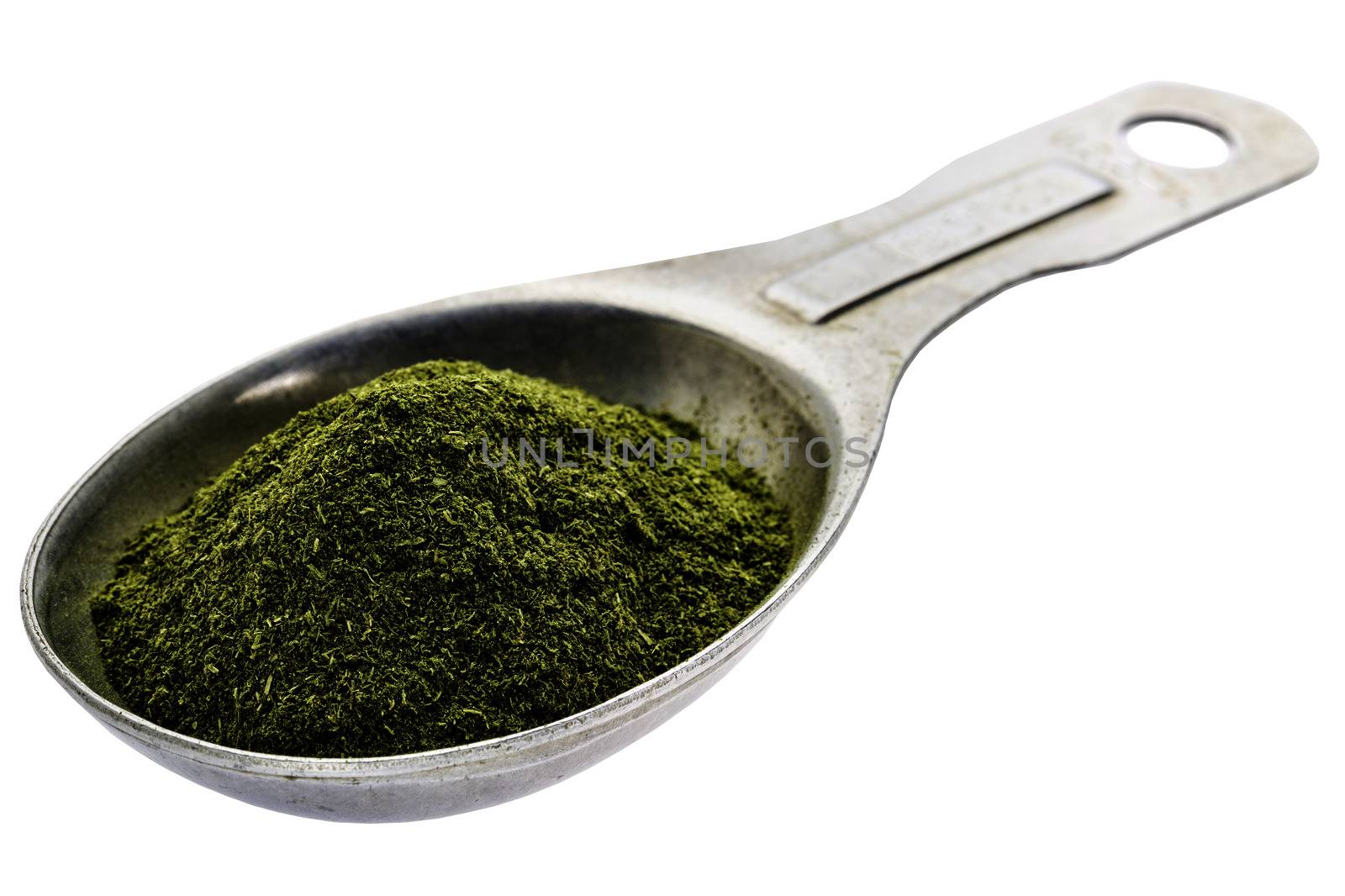 green freeze-dried organic wheat grass powder, nutritional supplement, on an isolated measuring tablespoon