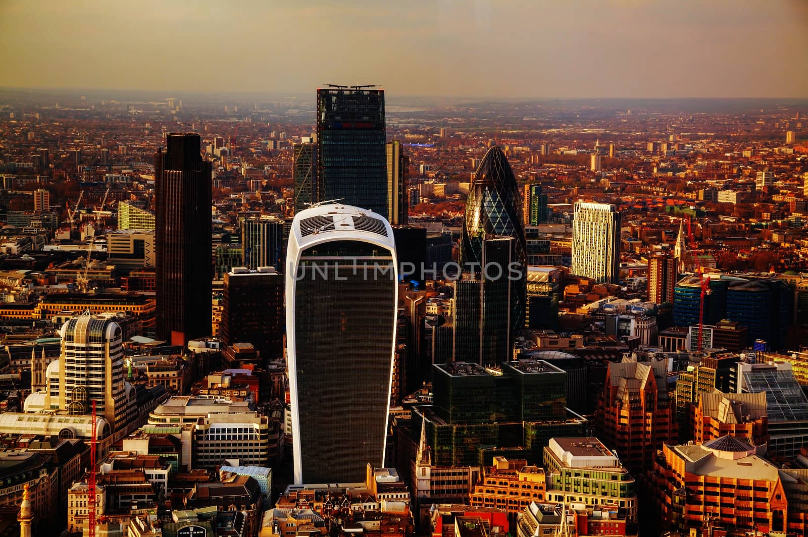 Aerial overview of London city in the evening