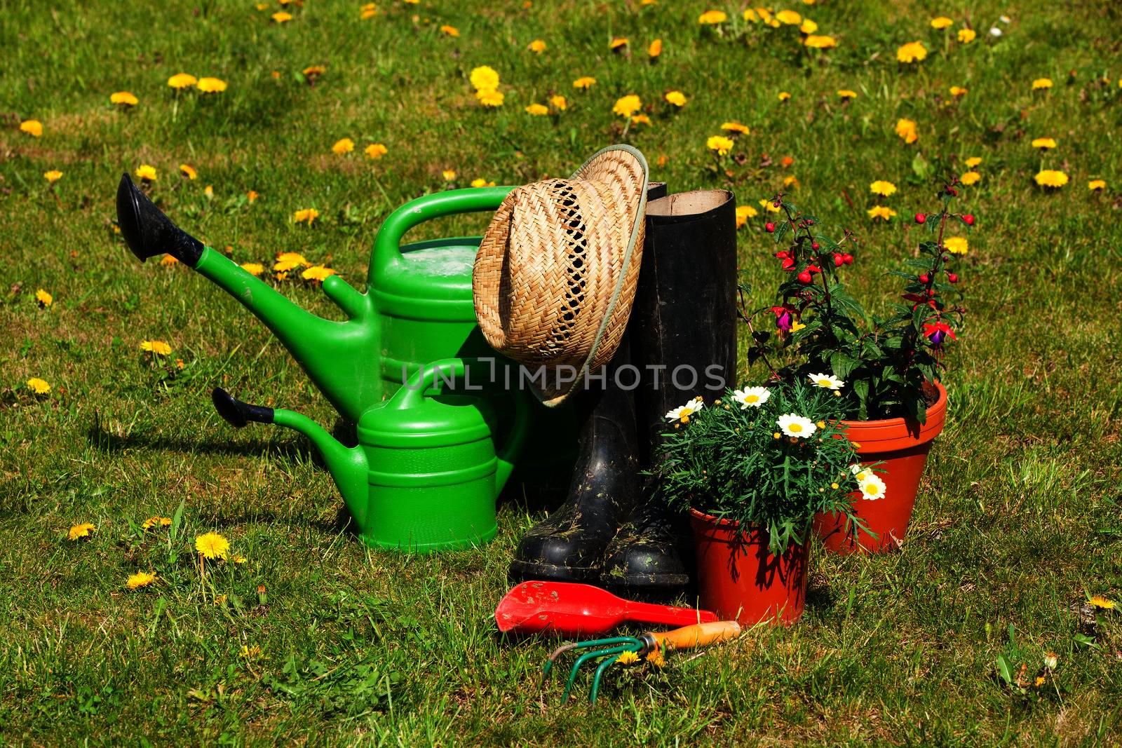 Gardening tools and a straw hat on the grass in the garden