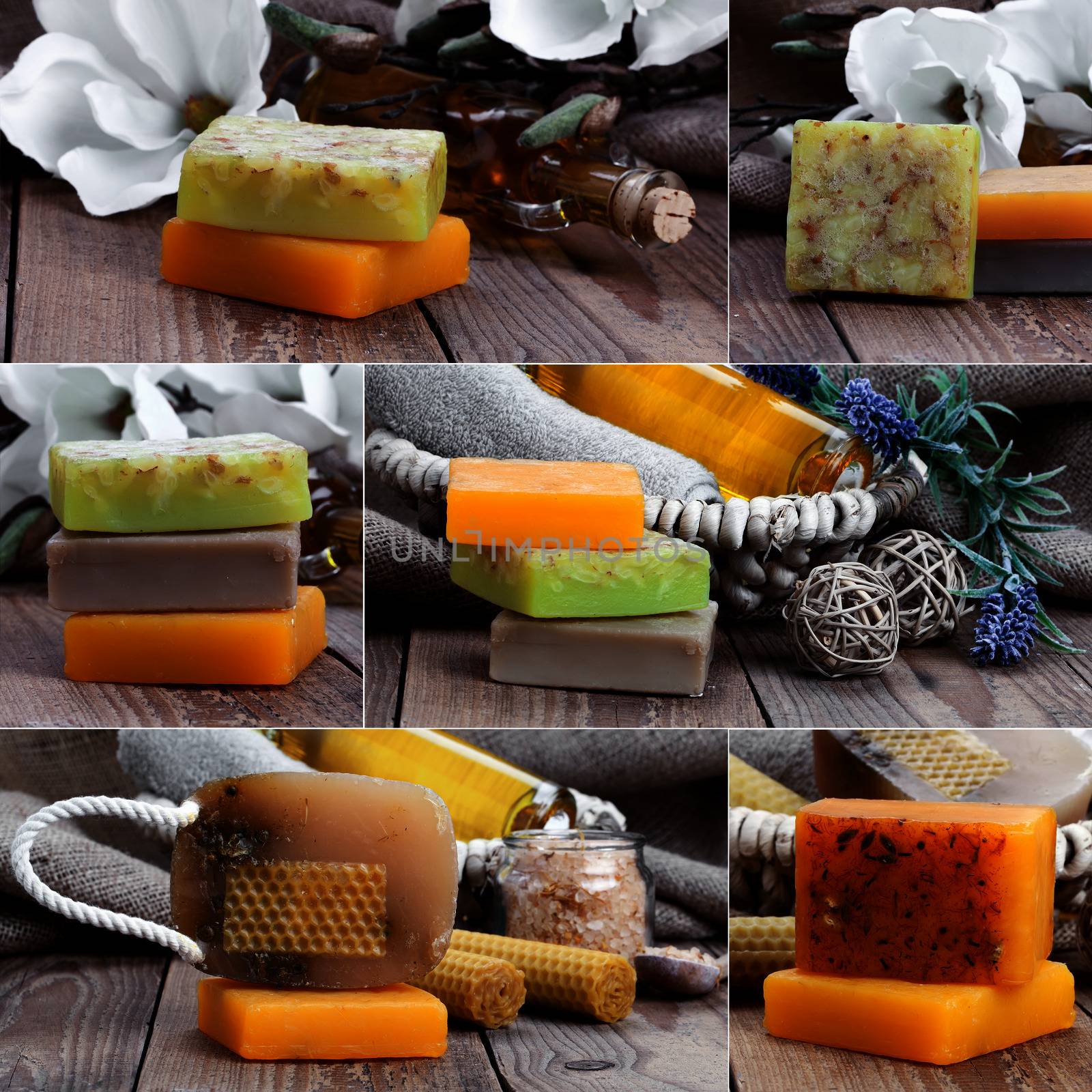 collage of colorful handmade soap bars, on wooden background
