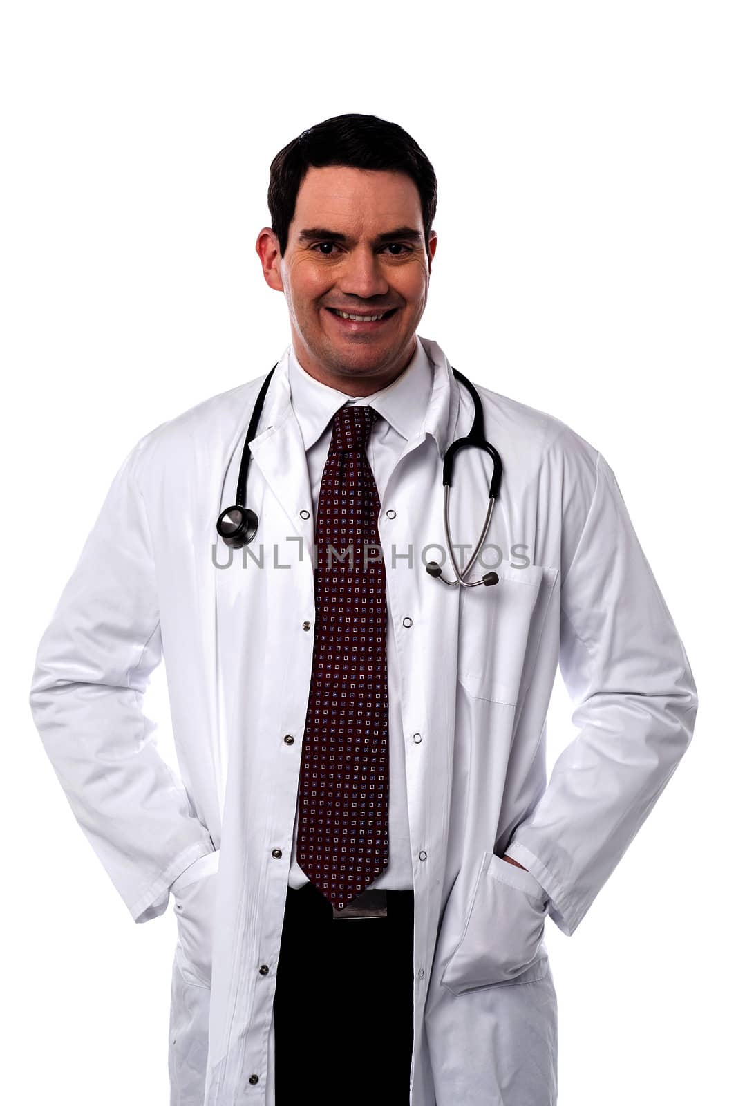 Male doctor posing with hands in his overcoat