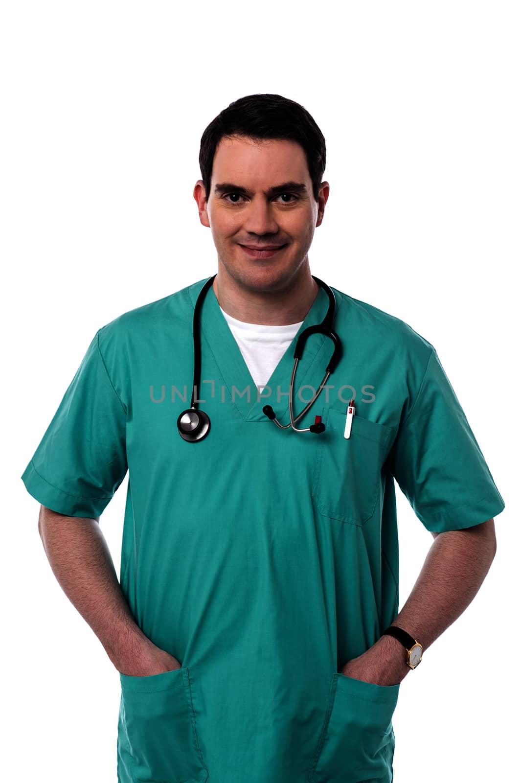 Cheerful male doctor posing over white
