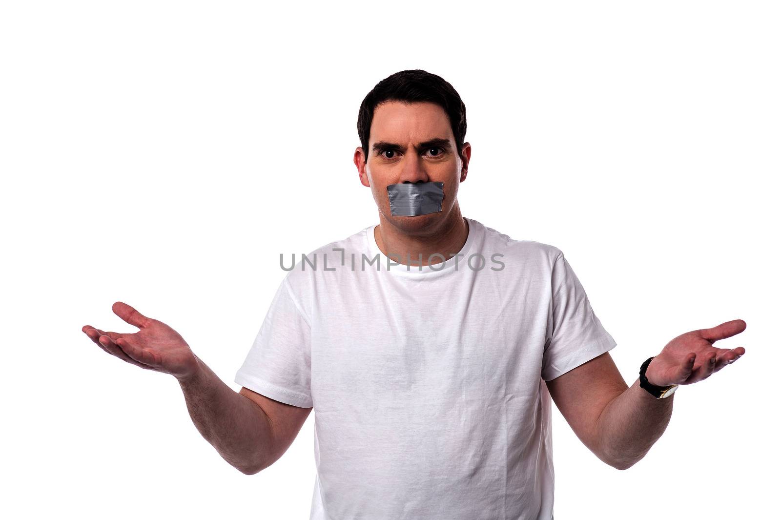 Casual man mouth covered by masking tape