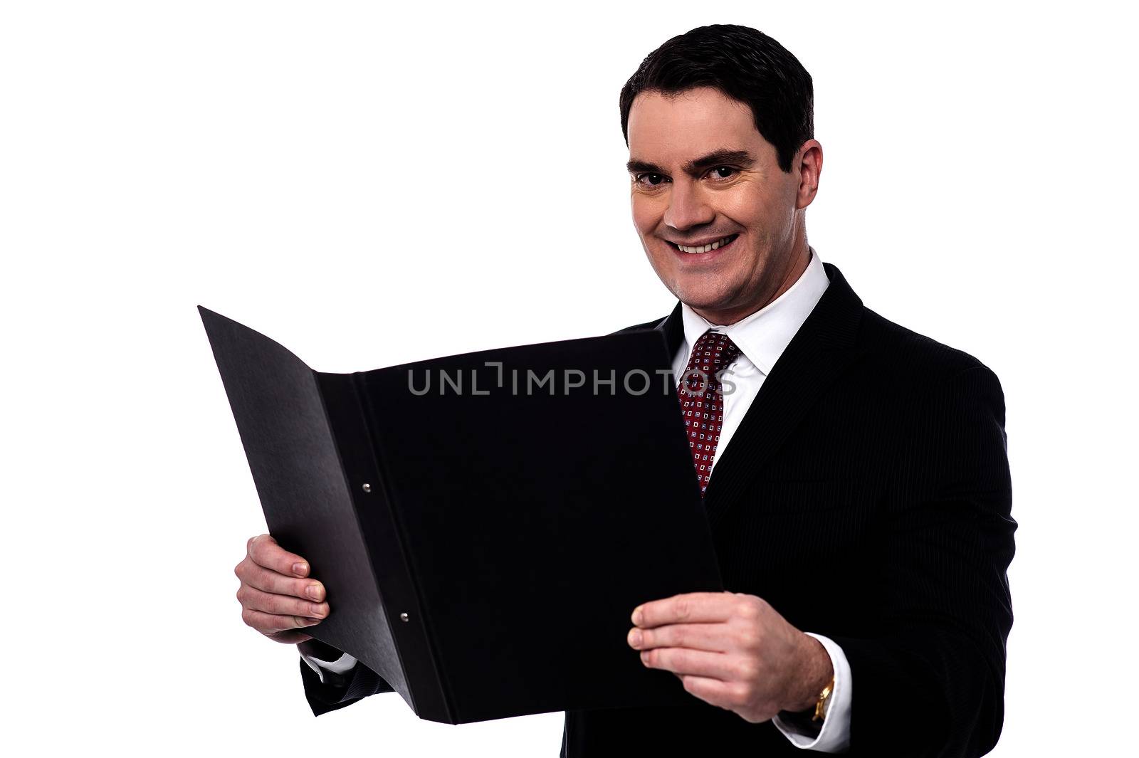 Smiling businessman posing with open file folder