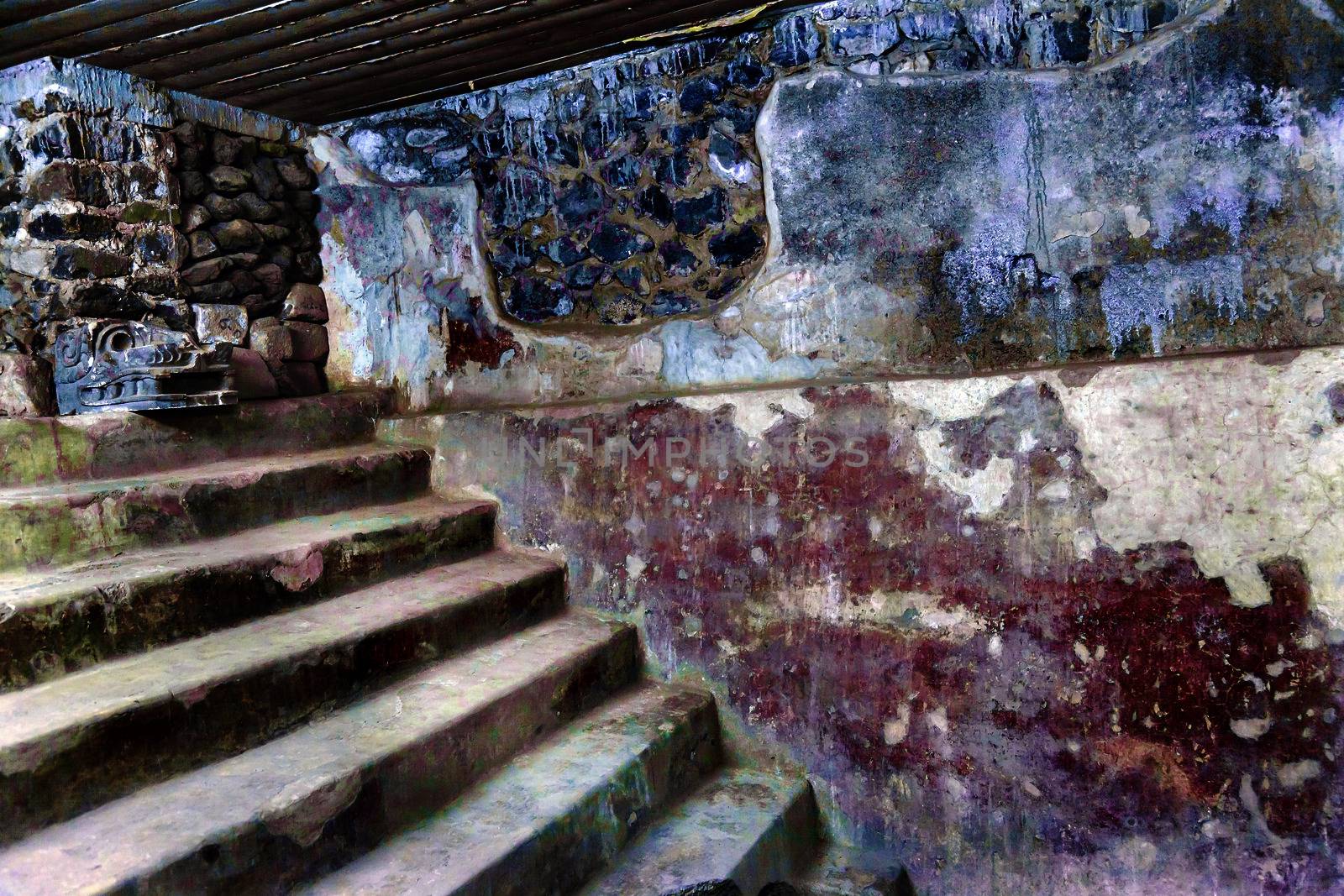 Ancient Apartments with Murals Indian Ruins at Teotihuacan Mexico City Mexico.  Palace of Quetzalpapaloli.  Ancient ruins date back to 100 to 750AD.


