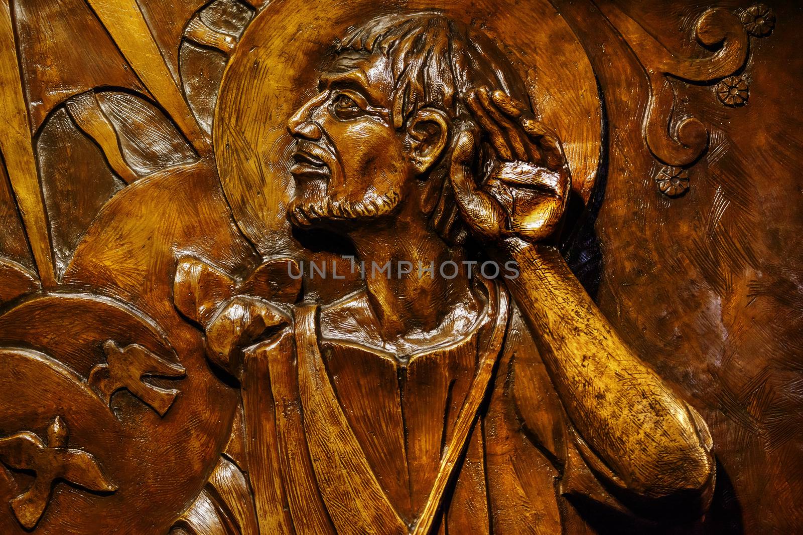 Bronze Relief of Juan Diego Receiving Revelation of Virgin Mary, Guadalupe Shrine, Mexico City Mexico  Juan Diego is the Mexican peasant, who in 1500s Virgin Mary appeared leaving her image on his cloak.