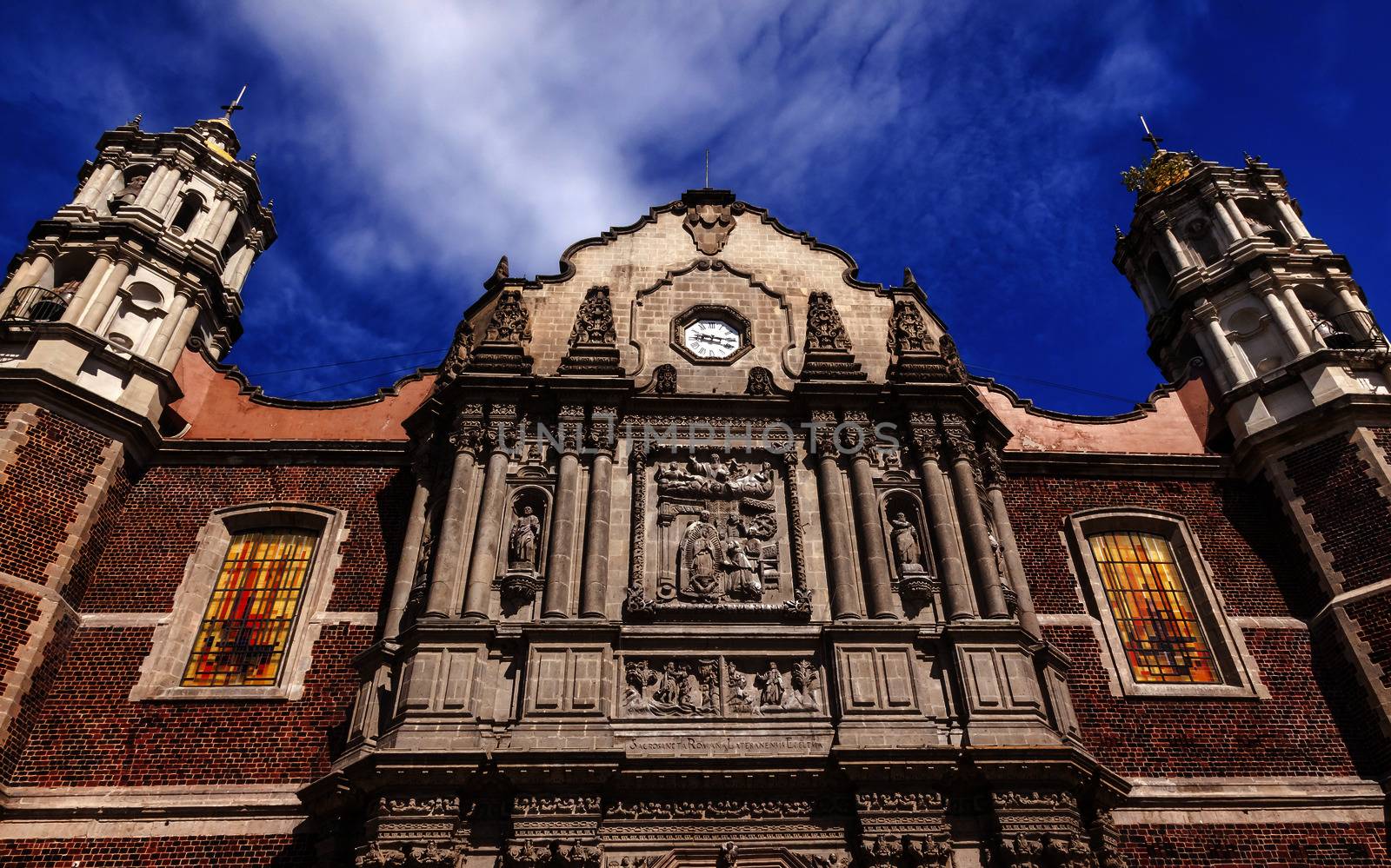 Old Basilica Christmas Creche Shrine of the Guadalupe Mexico City Mexico. Also known as Templo Expiatorio a Cristo Rey.  Basilica construction was started in 1531, finished in 1709.  This is the basilica is the location where the Virgin Mary appeared to the Meixcan peasant Juan Diego.  The old Basilica is where Juan Diego's original cloak with the picture of the Virgin Mary first appeared. 