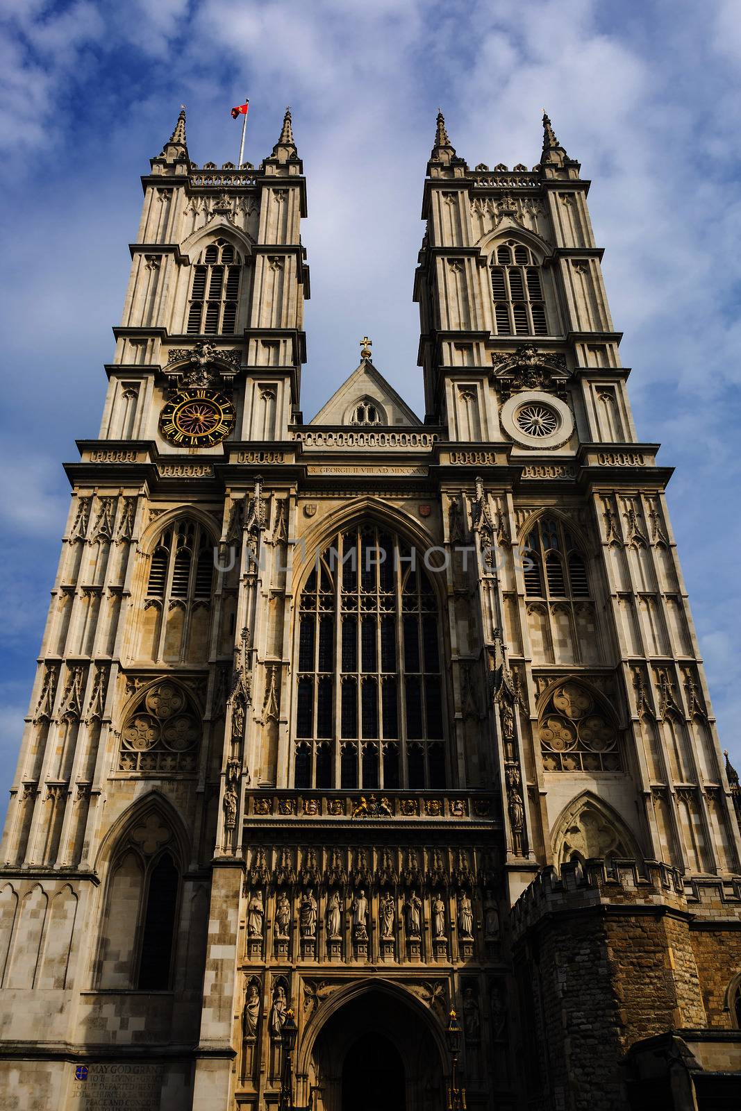 The front facade and towers of Westminster Abbey, London, UK.