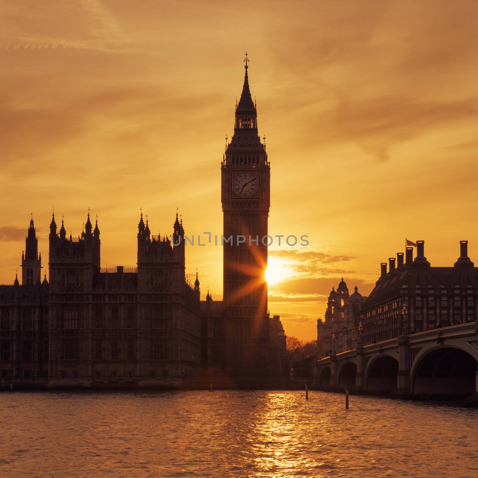 Big Ben clock tower in London at sunset, UK.