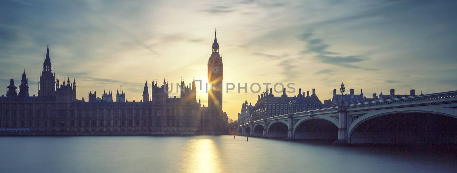 Panoramic view of Big Ben at sunset by vwalakte