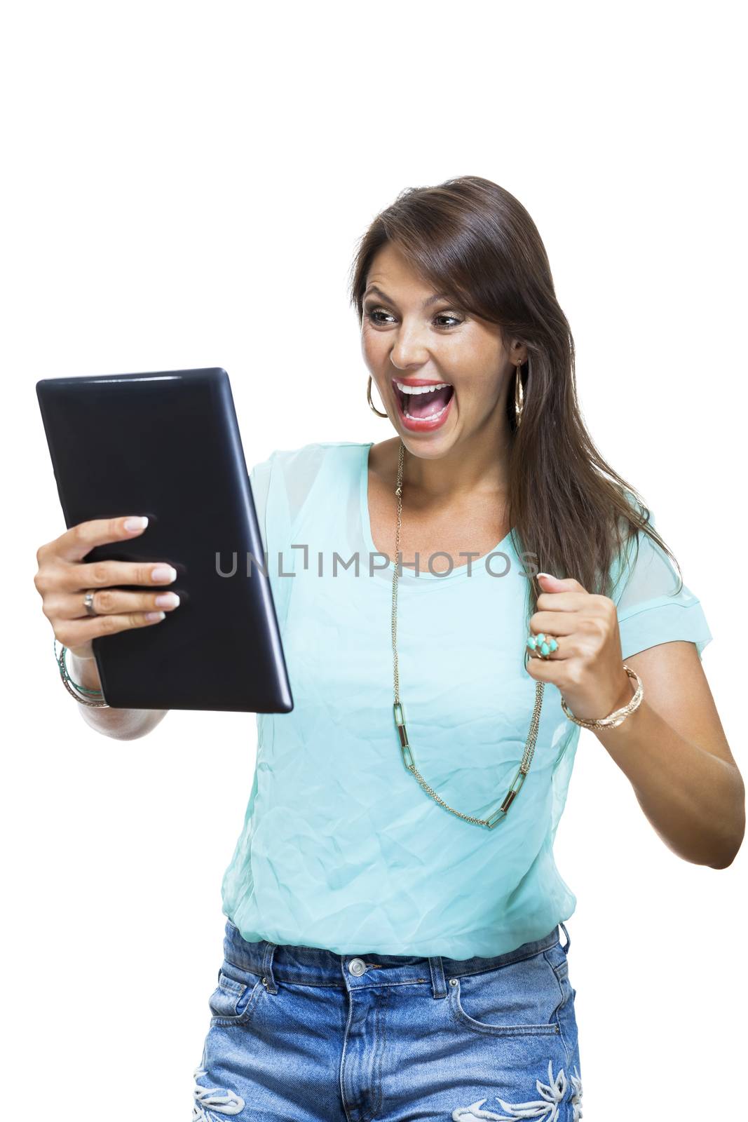 Close up Pretty Young Woman Browsing at her Black Tablet Computer, Isolated on White Background.