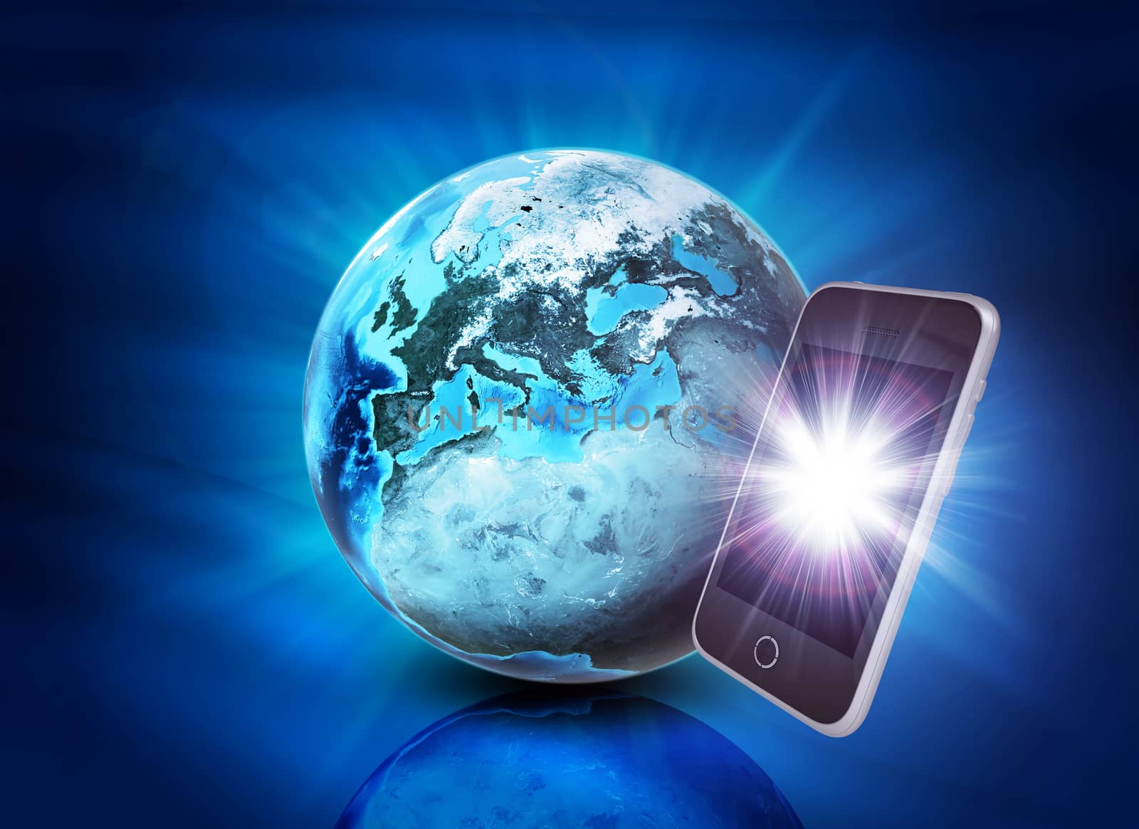 Earth and mobile phone on abstract blue background. Elements of this image furnished by NASA