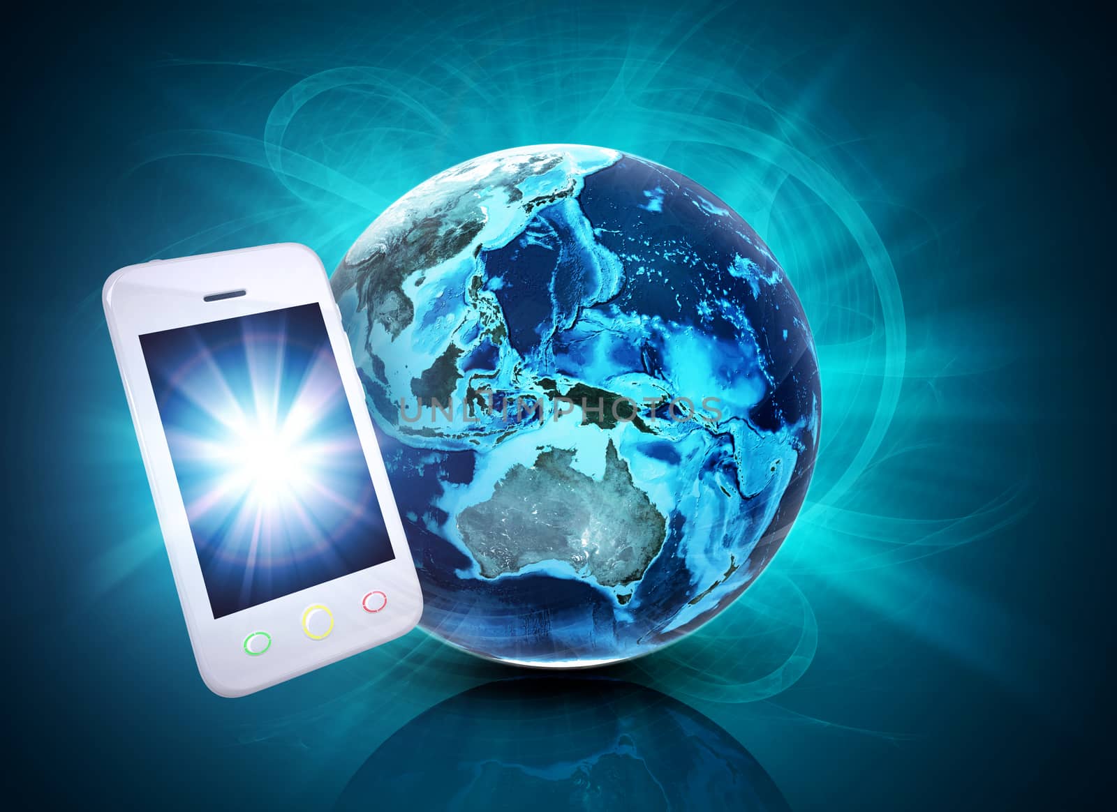Mobile phone in front of earth on abstract blue background. Elements of this image furnished by NASA