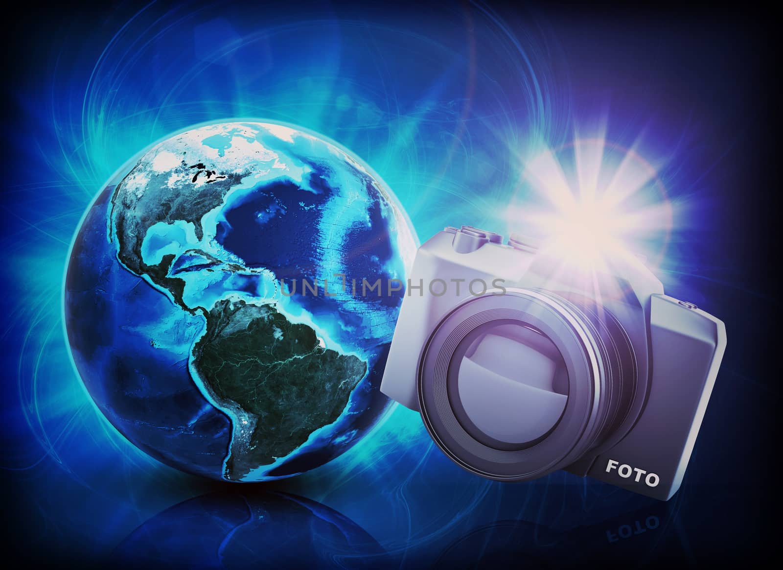 Earth and camera with flashing on abstract blue background. Elements of this image furnished by NASA