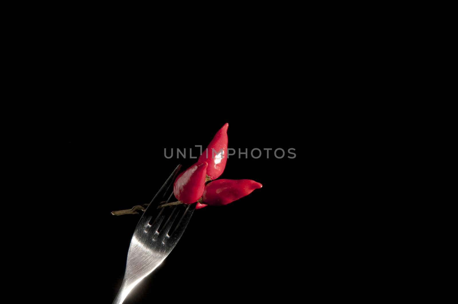 chilli on a fork with black background