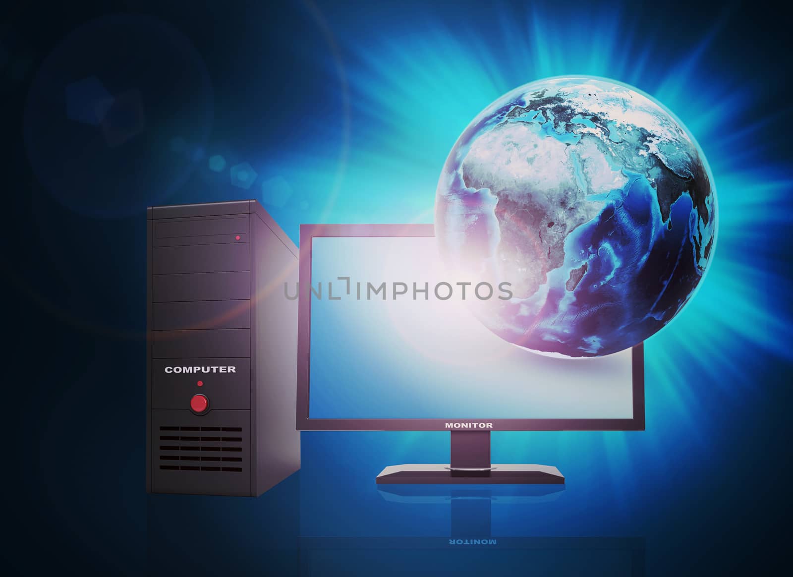 Earth and glow on abstract blue background with PC computer. Elements of this image furnished by NASA