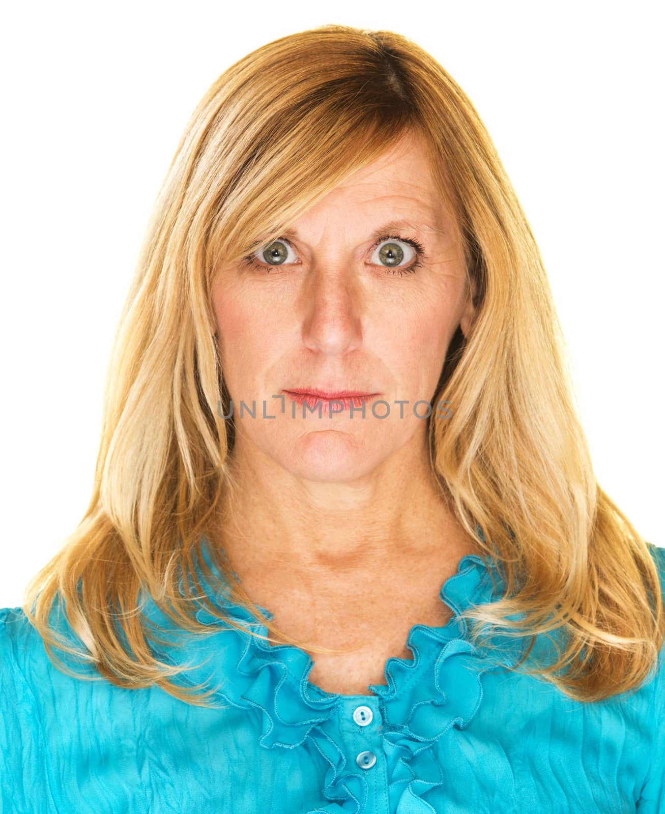 Isolated calm middle aged female adult staring