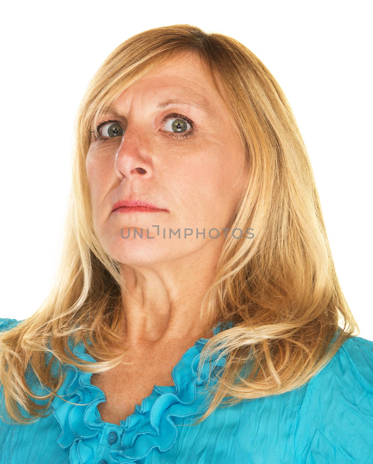 Strict blond Caucasian female looking down her nose