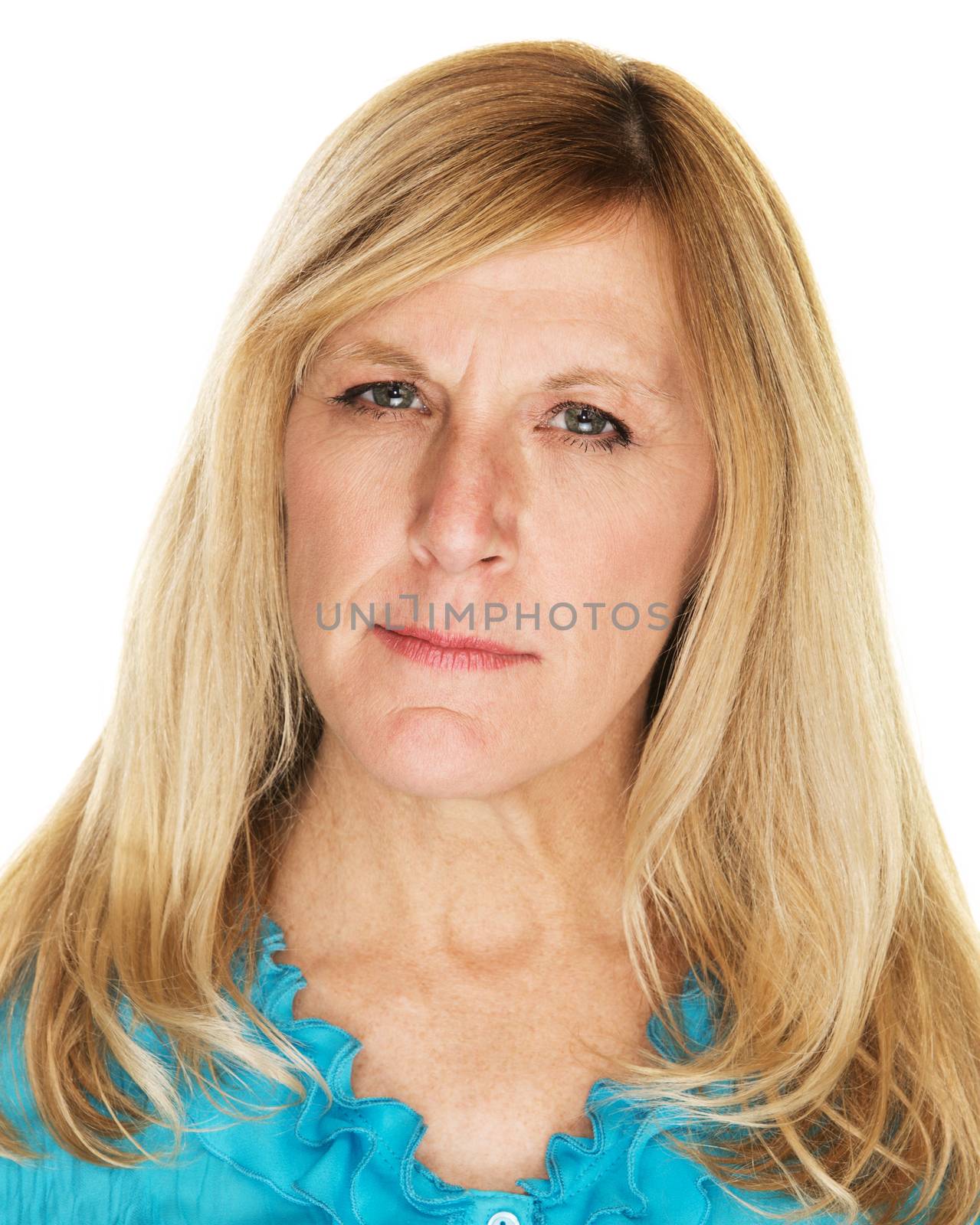 Single adult female in blue with annoyed expression