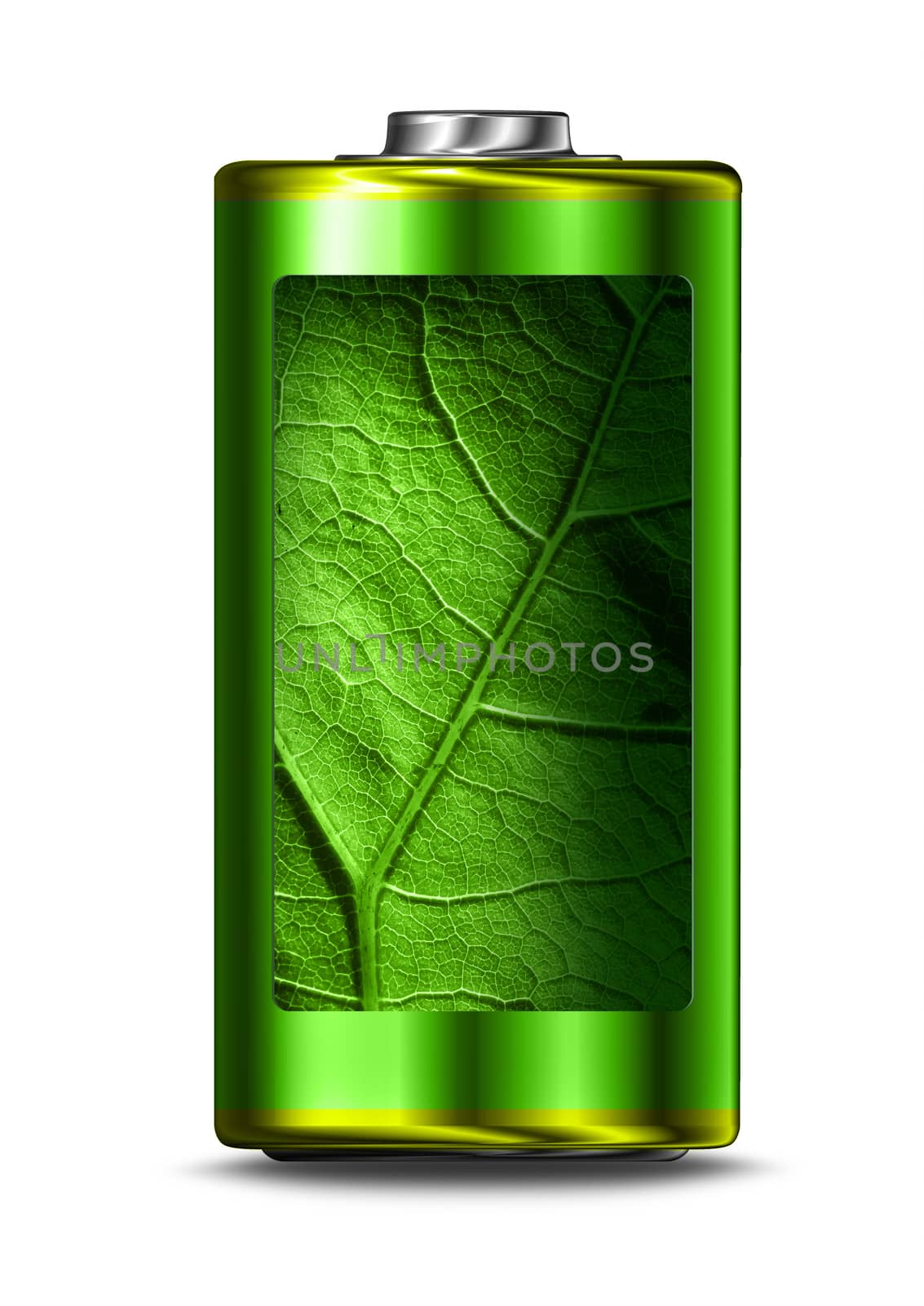 Opened green energy battery cell isolated on white background