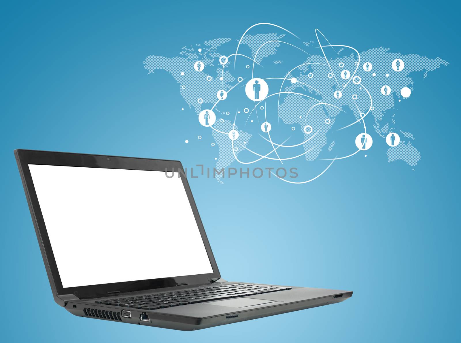 Laptop on abstract blue background with earth map. Virtual world map.