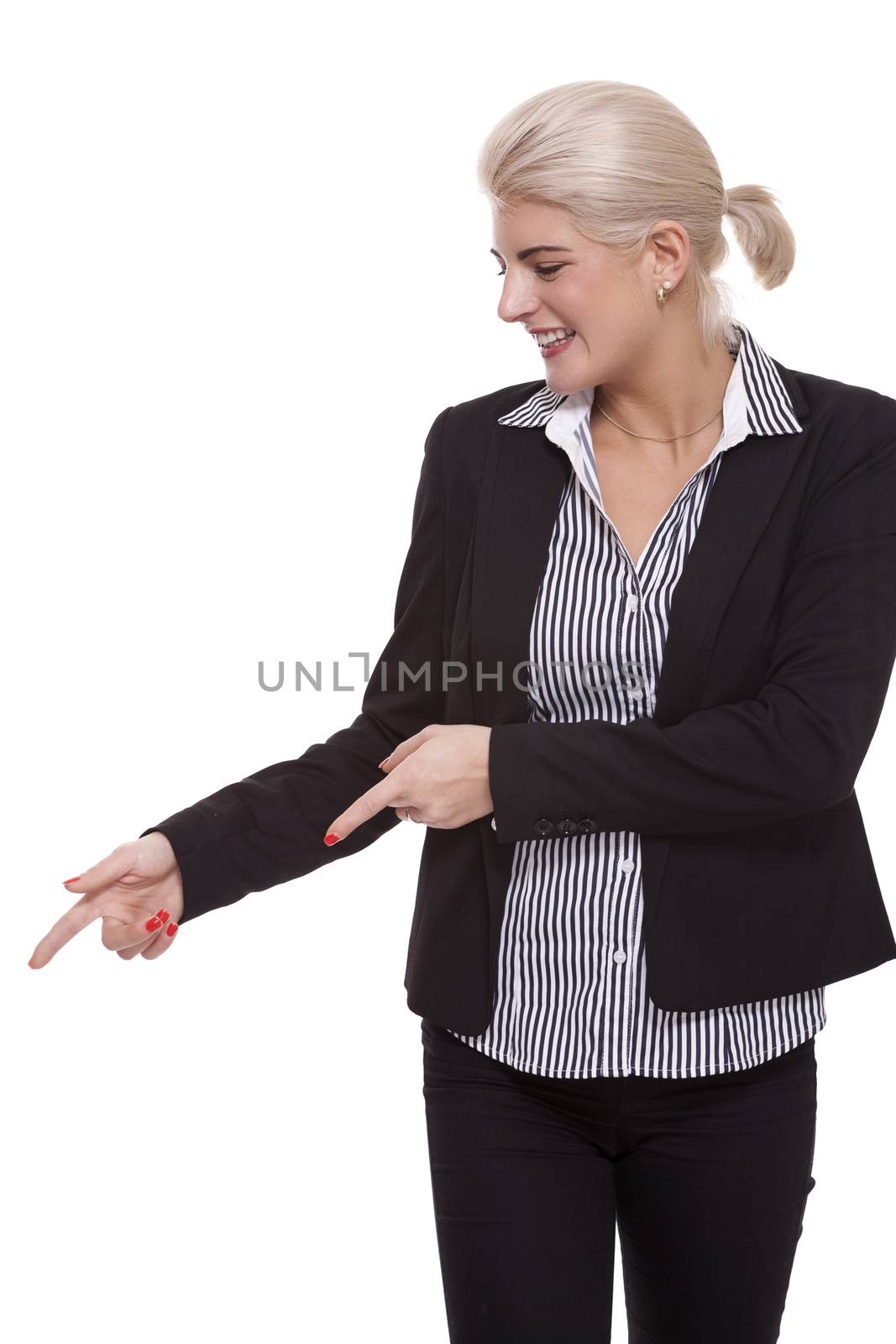 Close up Pretty Smiling Young Businesswoman Pointing Up with her Two Hands While Looking at the Camera. Isolated on White Background.