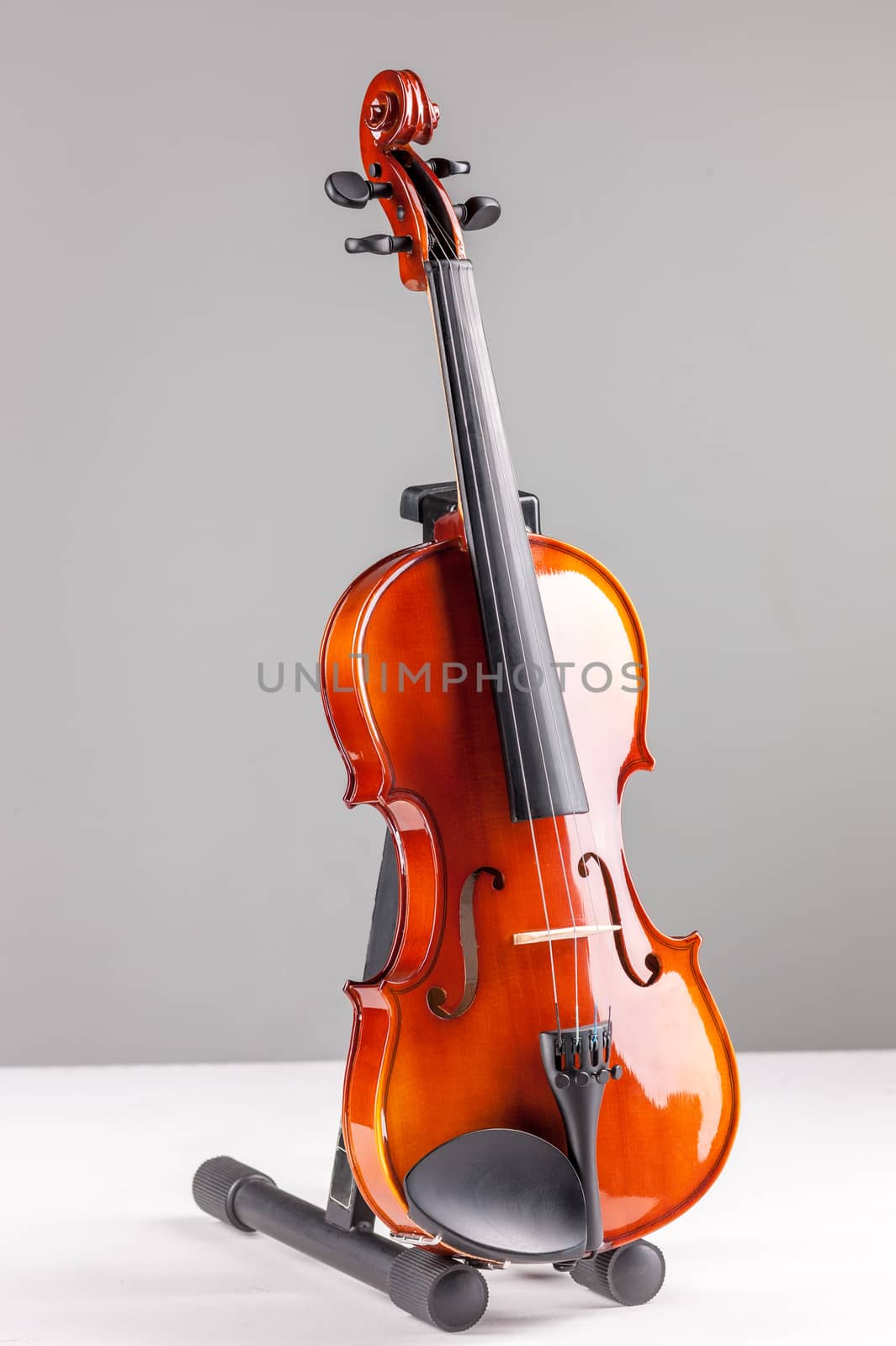 Violin front viewon a stand isolated on gray