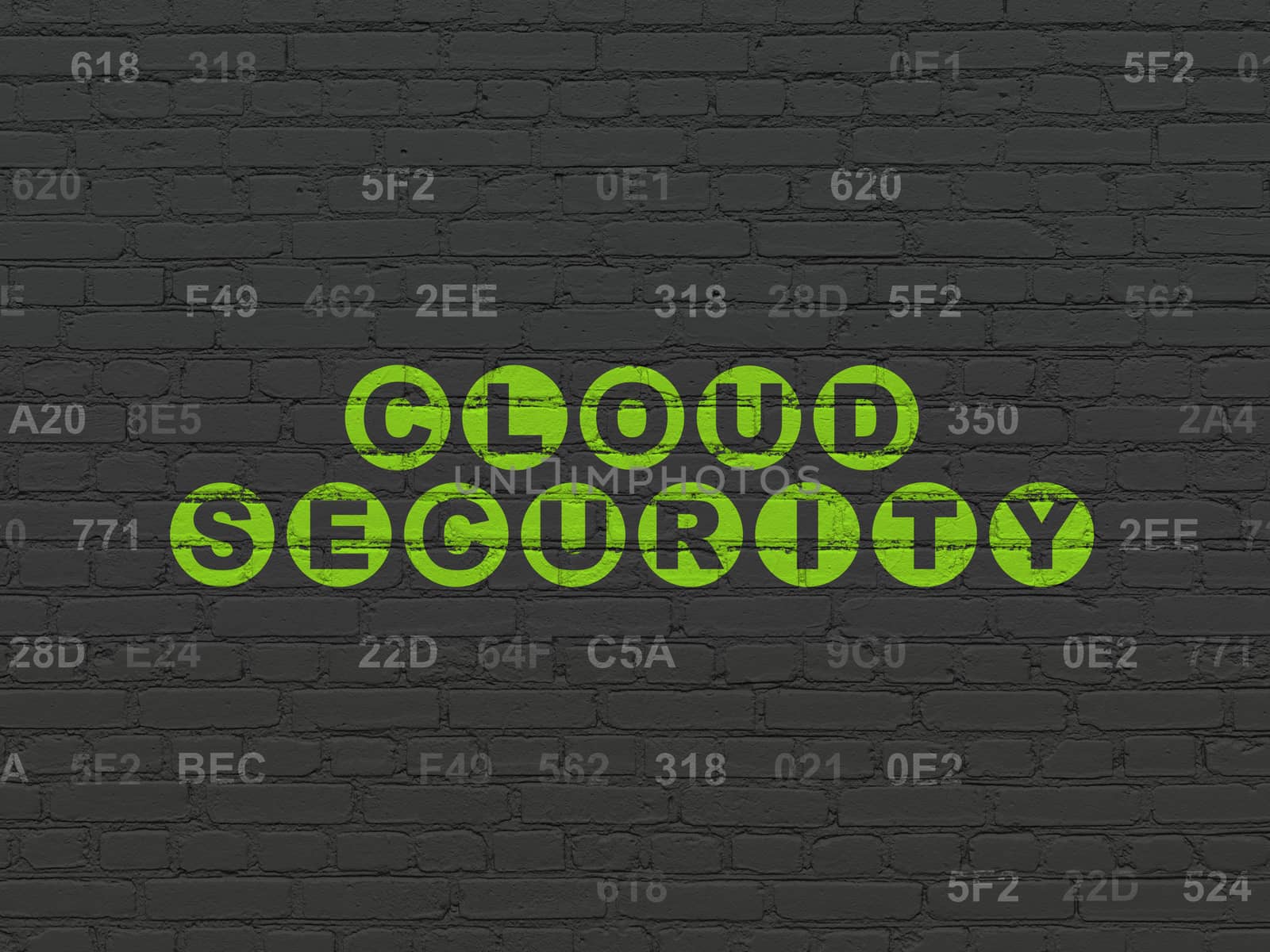 Cloud networking concept: Painted green text Cloud Security on Black Brick wall background with Hexadecimal Code, 3d render