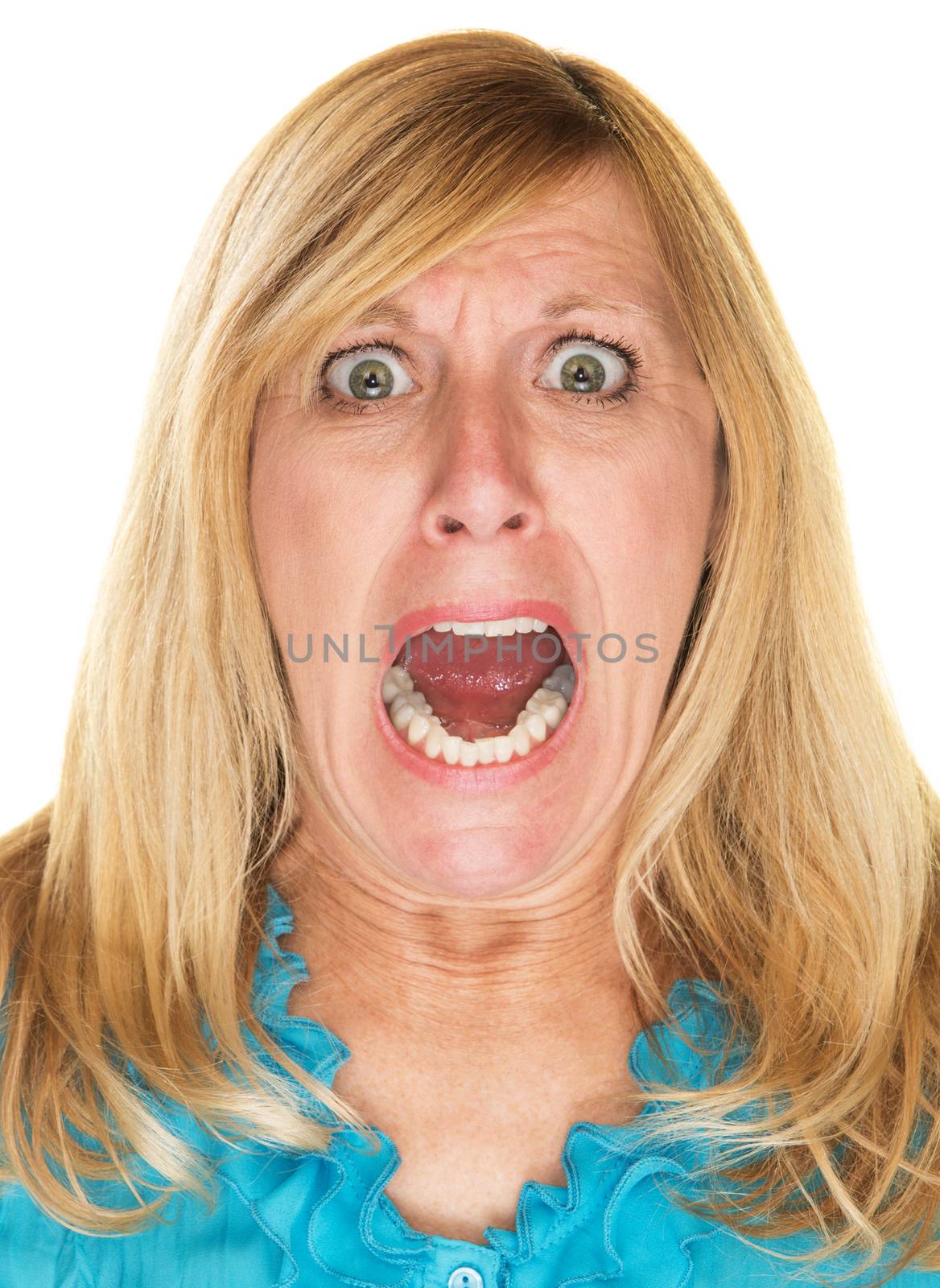 Single isolated blond woman screaming over white background