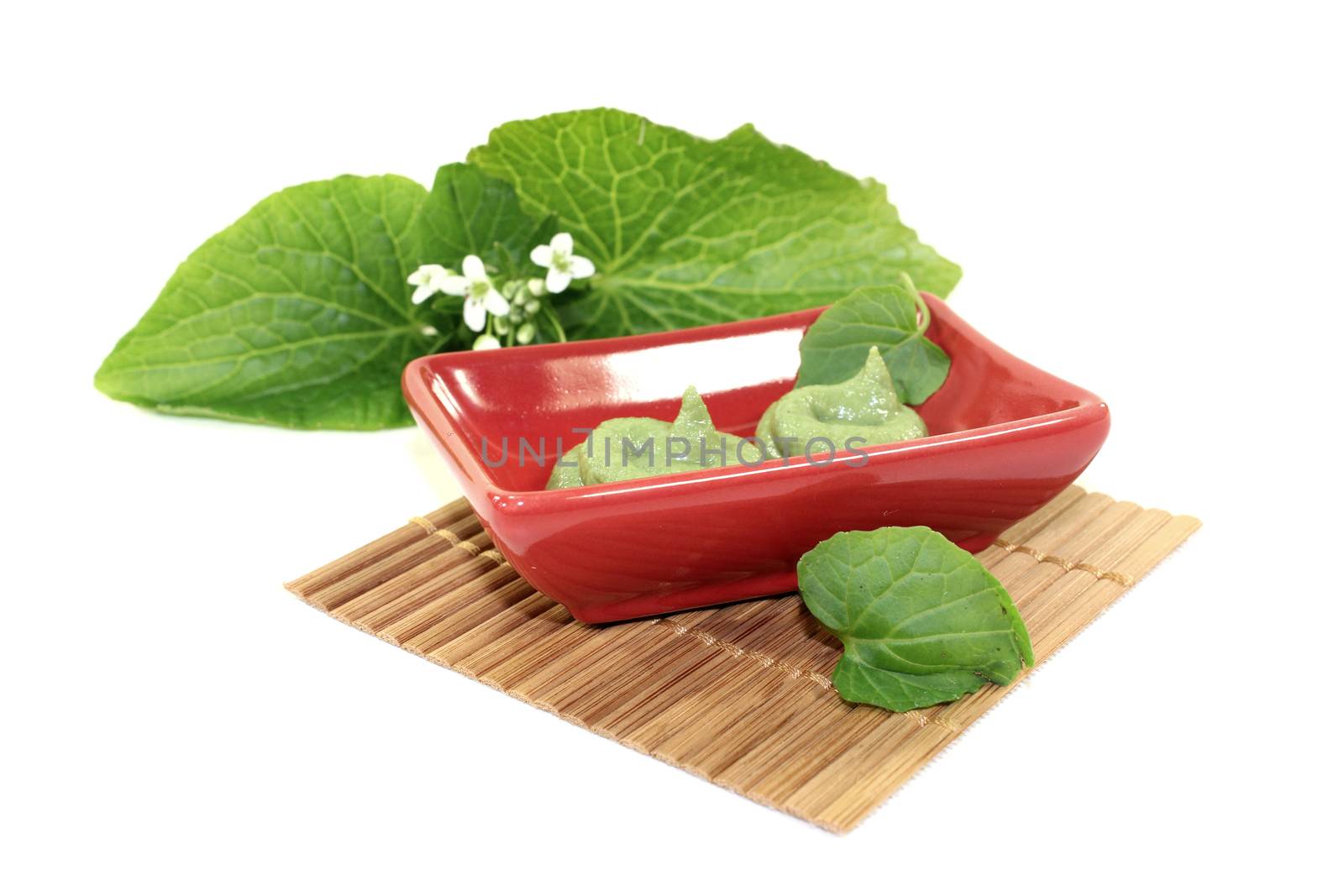 Wasabi with leaf and flower in a red bowl on light background