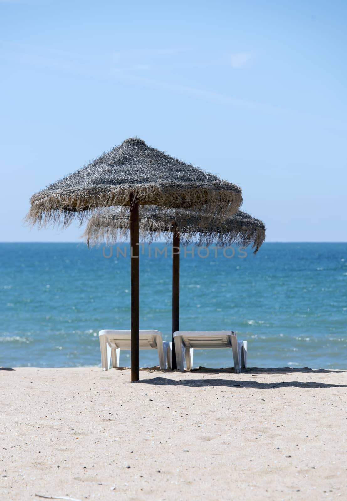 tropical parasols on the algarve beach  by compuinfoto