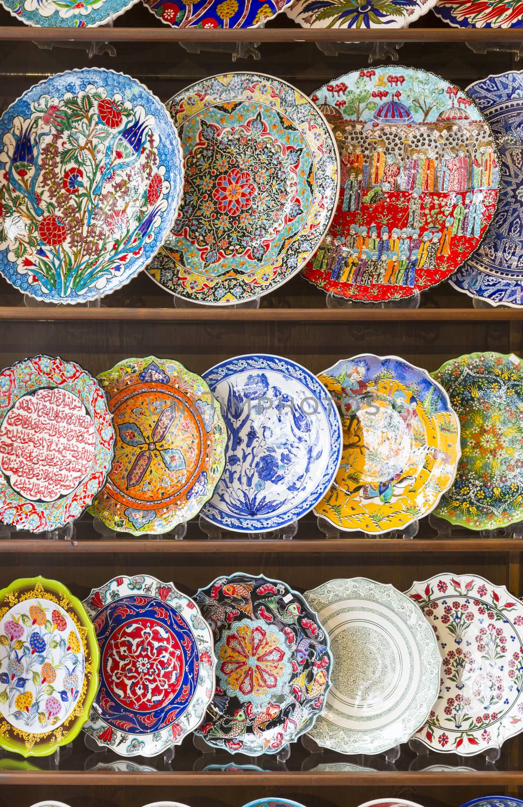 Beautiful Hand Painted Turkish Plates on Shelf at Market.