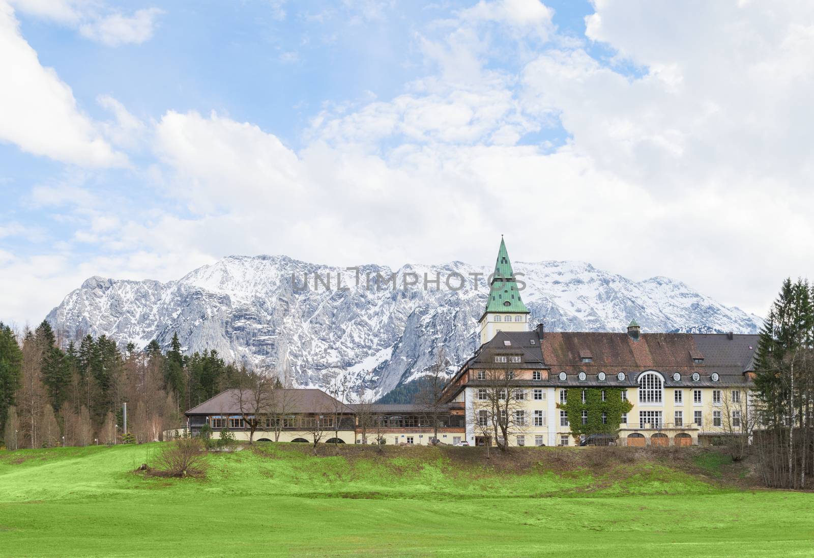 Garmisch, Germany - April 26, 2015: Hotel Schloss Elmau in Bavarian Alpine valley will be the site of the G7 summit in 2015. The G7 has chosen remote venues for its annual meetings for the last several years on security grounds.