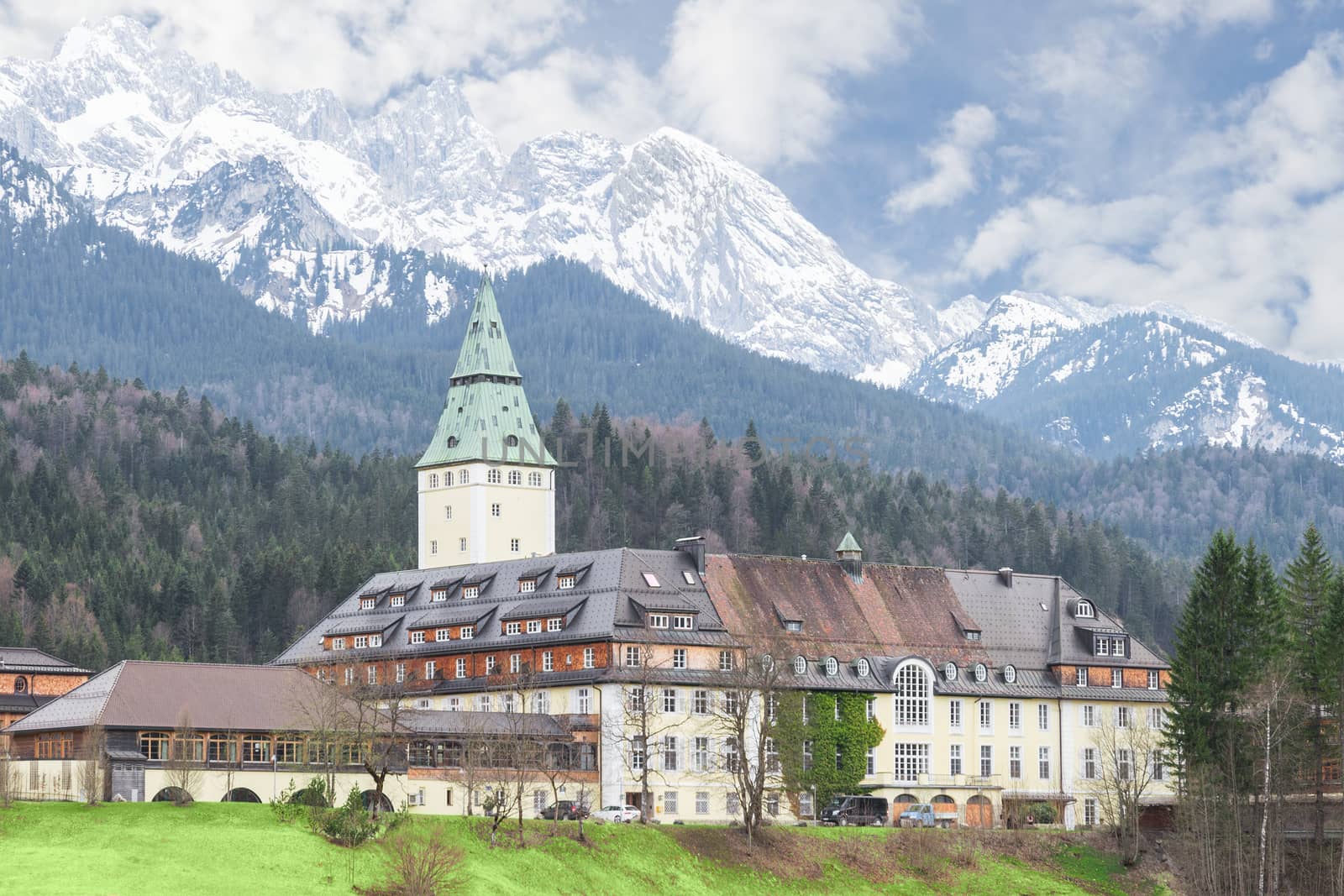 Garmisch-Partenkirchen, Germany - April 26, 2015: Bavarian hotel Schloss Elmau castle is the official conference venue of the 41st political G8 summit at June 2015 with the presidents and premiers of the most important nations of the world.