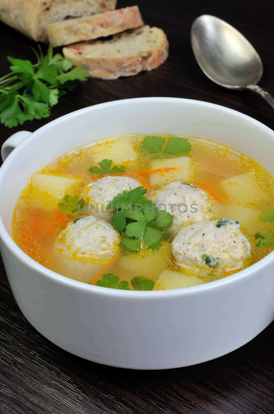 Easy chicken soup with meatballs and potatoes