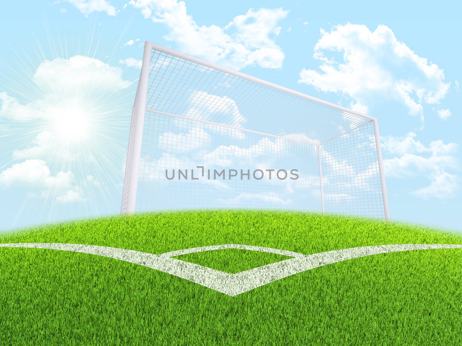 Green nature field with gates and indexing under blue sky. Nature background