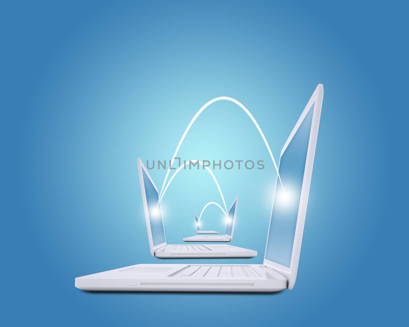 Set of connected laptops with glittering points on blue background, side view