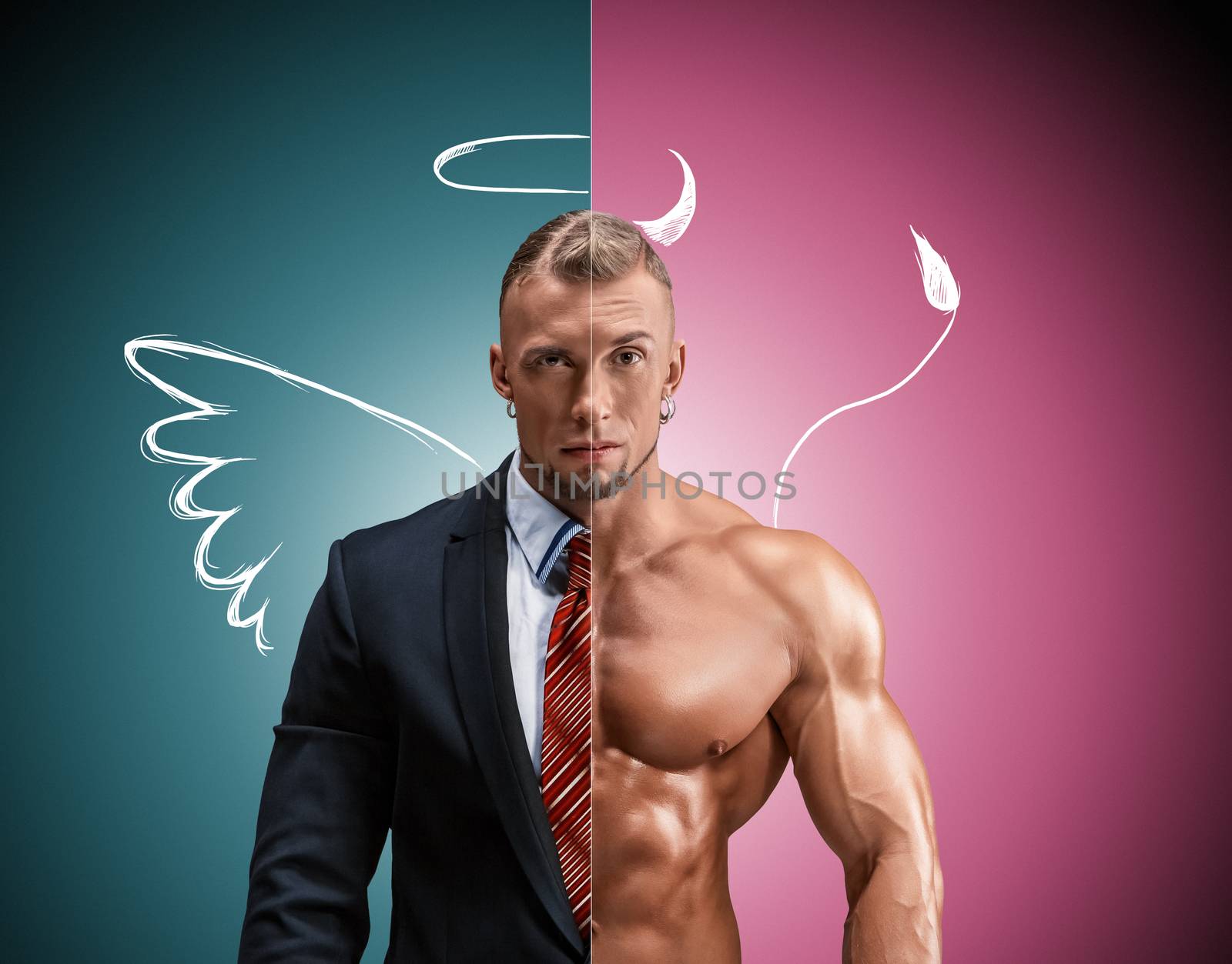 Attractive man in a business suit and without it on a blue-pink background. concept of beauty and strength, and the contrast between day and night image of an angel and a devil