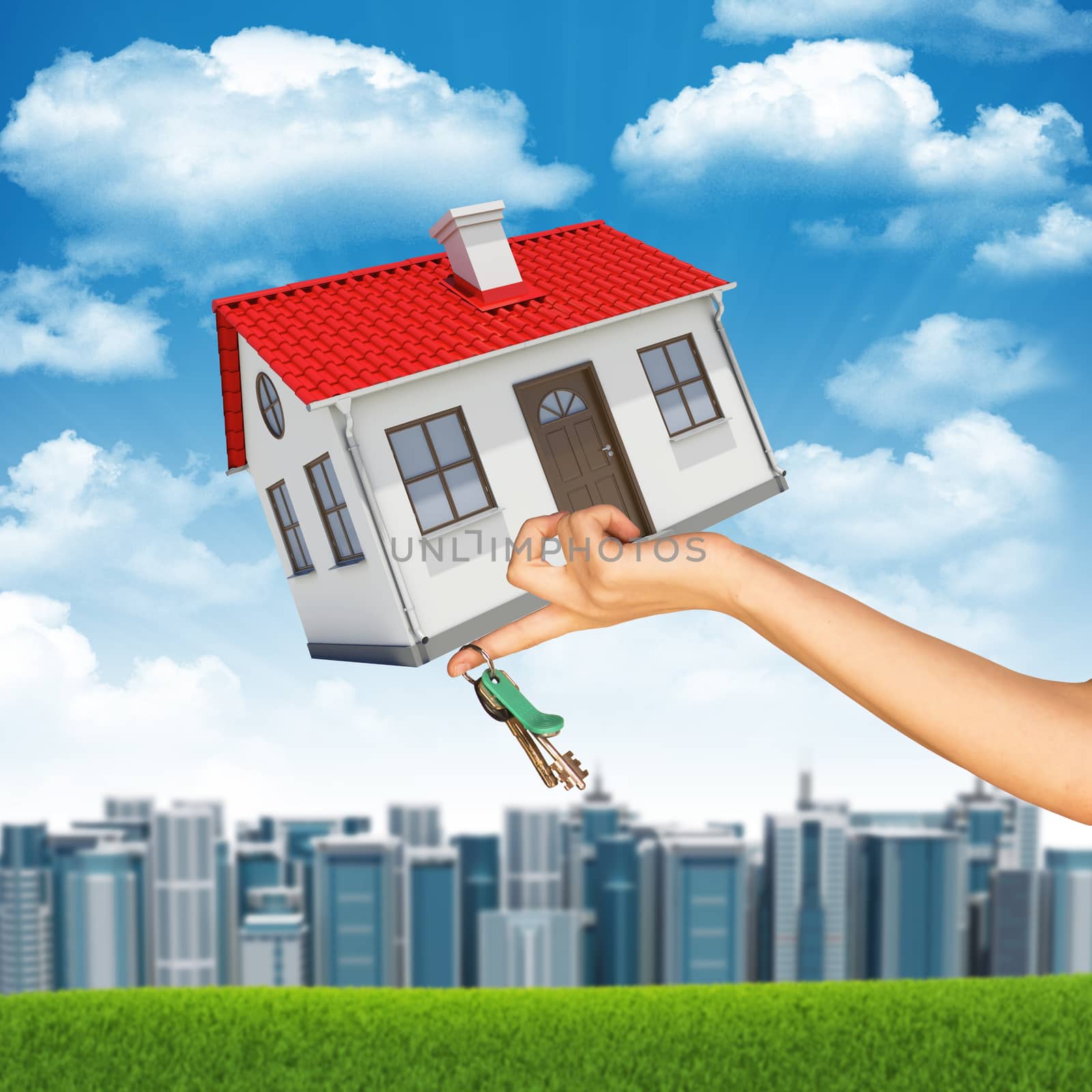 House and keys in businesswomans hand on cityscape background with cloudy blue sky