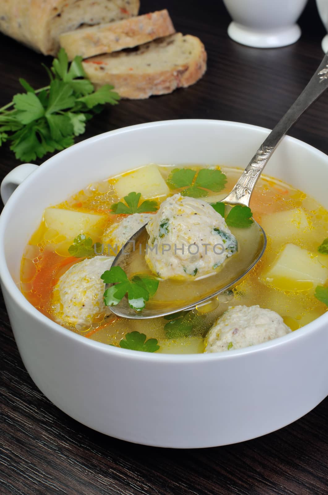 Easy chicken soup with meatballs and potatoes