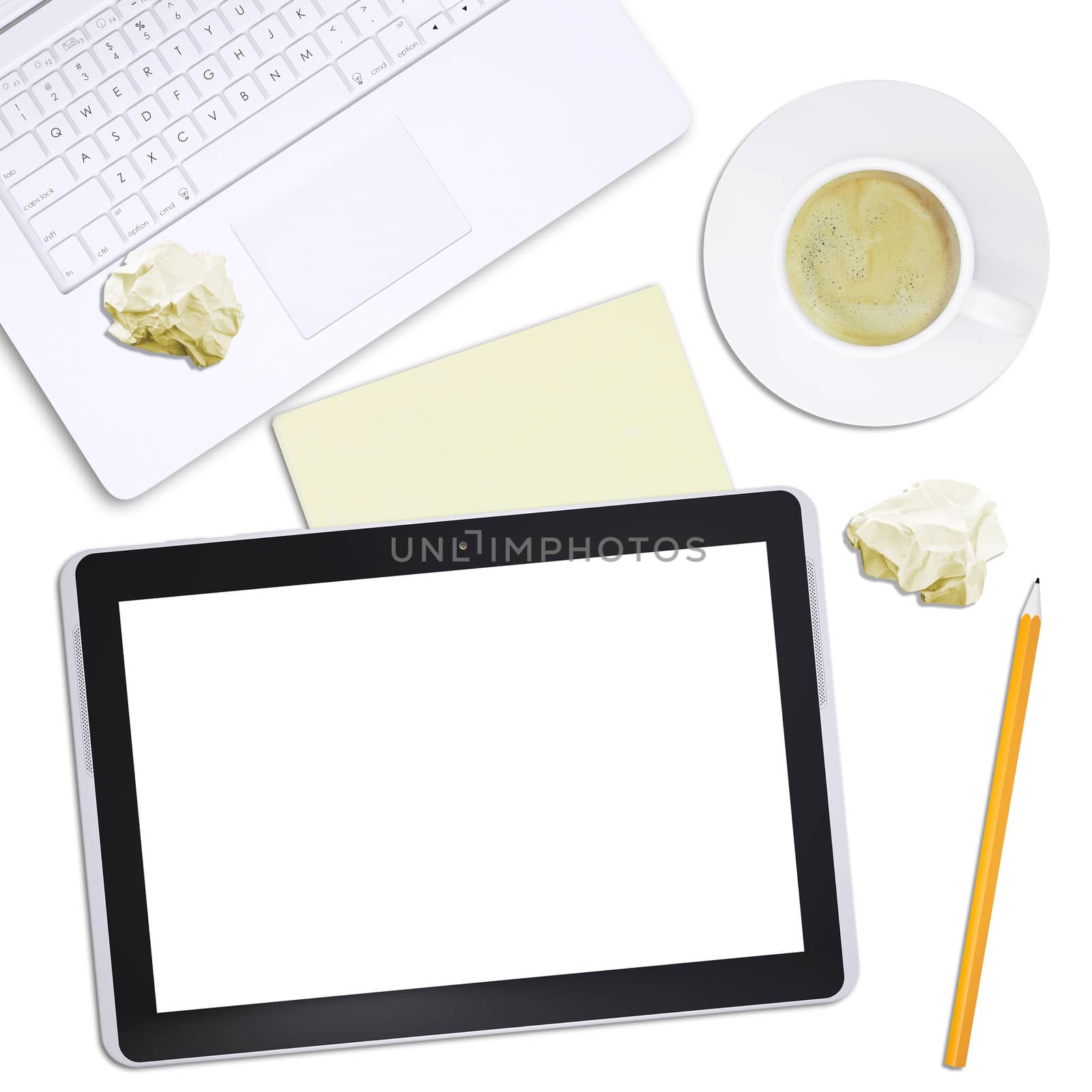 Black tablet with laptop and crumpled paper by cherezoff