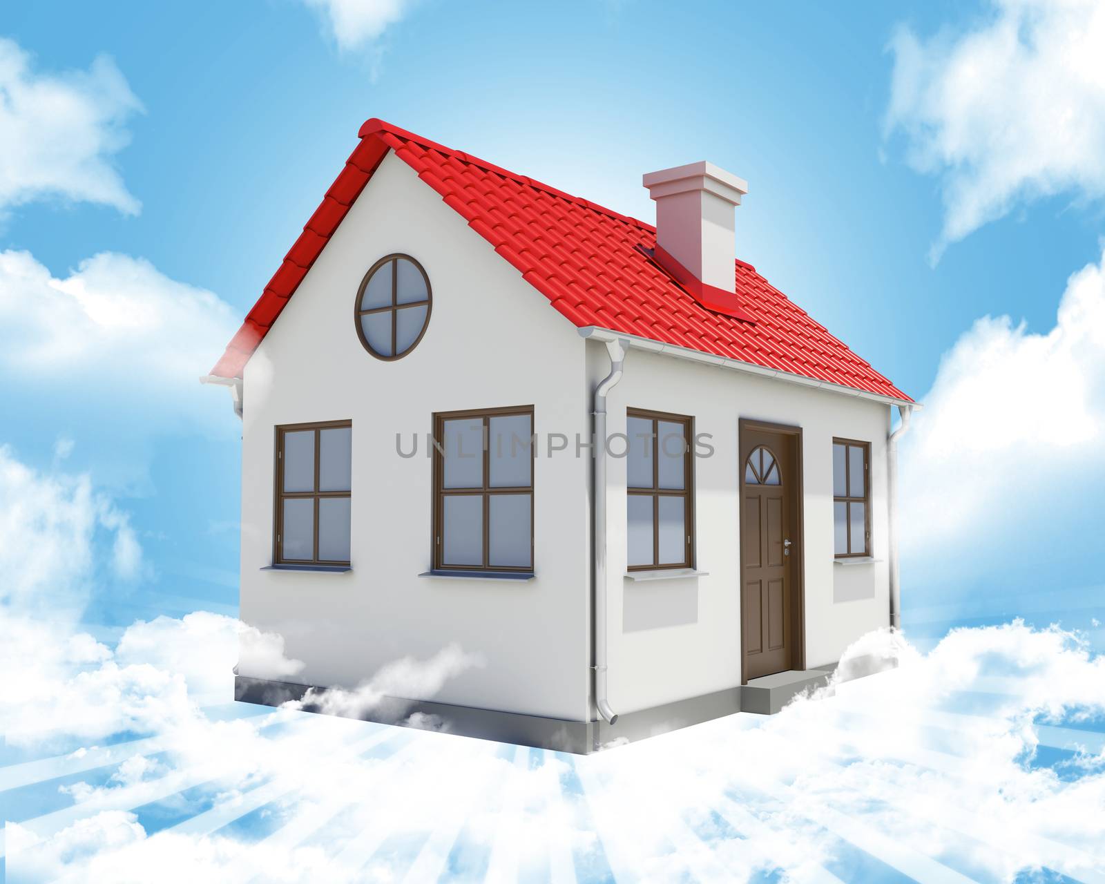 Small house with red roof on abstract blue sky background