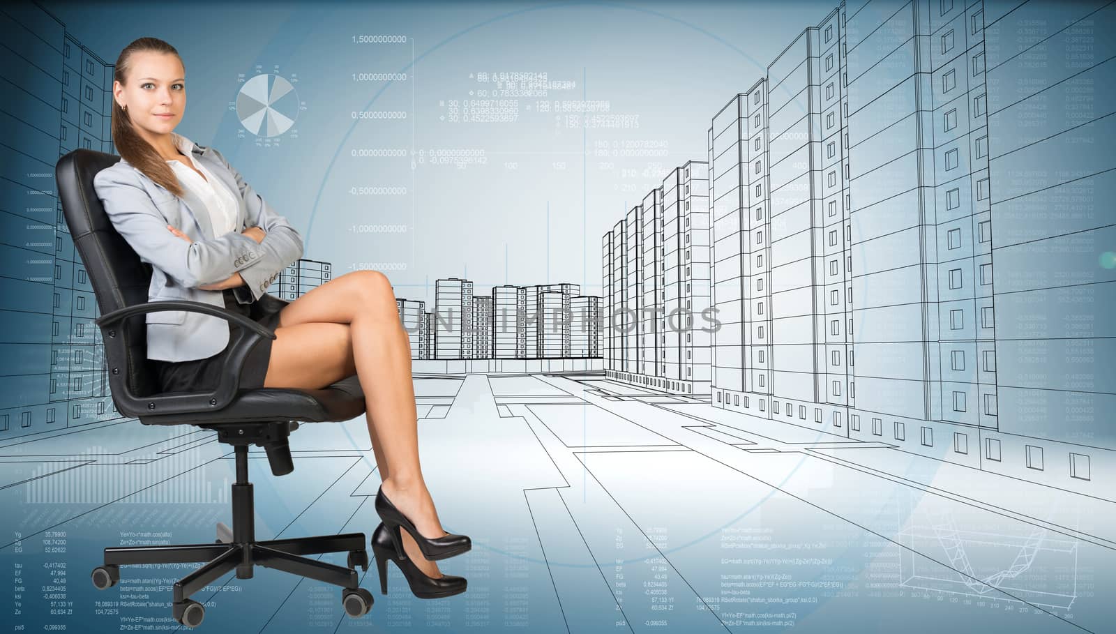Businesslady sitting half turned in chair with crossed legs and looking at camera on cityscape background. Sketch of the business city with graphical charts on background