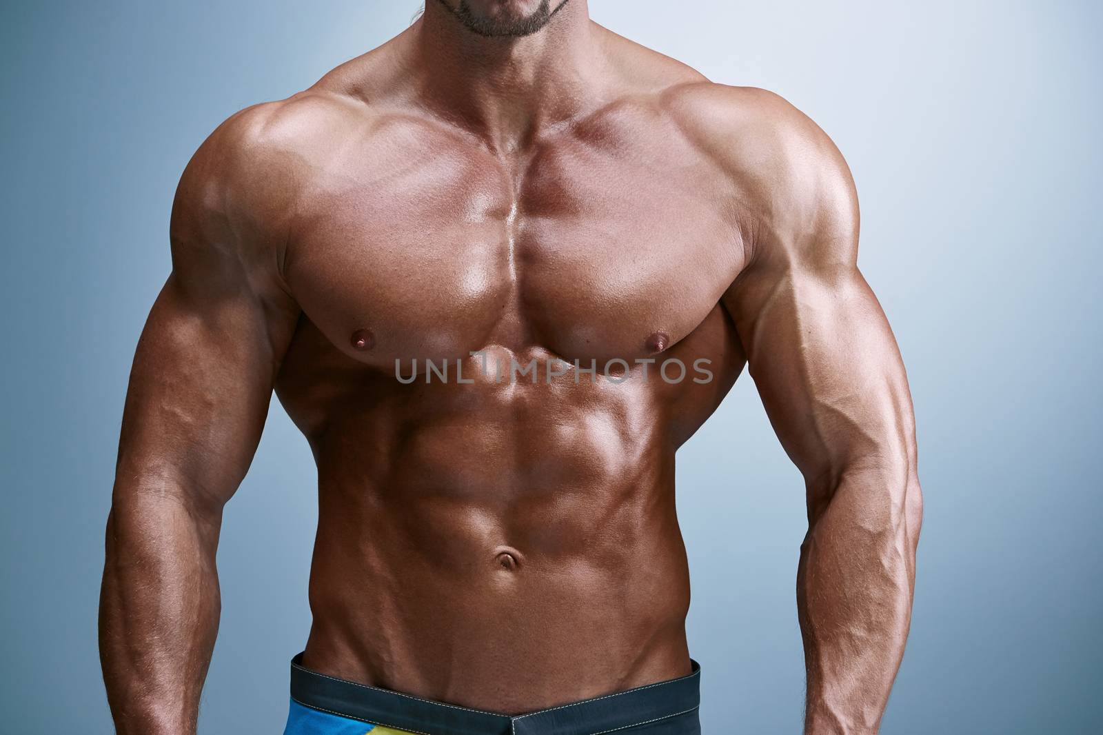 torso of attractive male body builder on blue background.