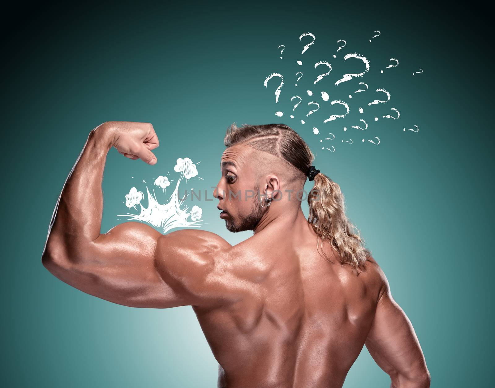 Attractive male body builde on blue background. Concept of admiration, surprise, question