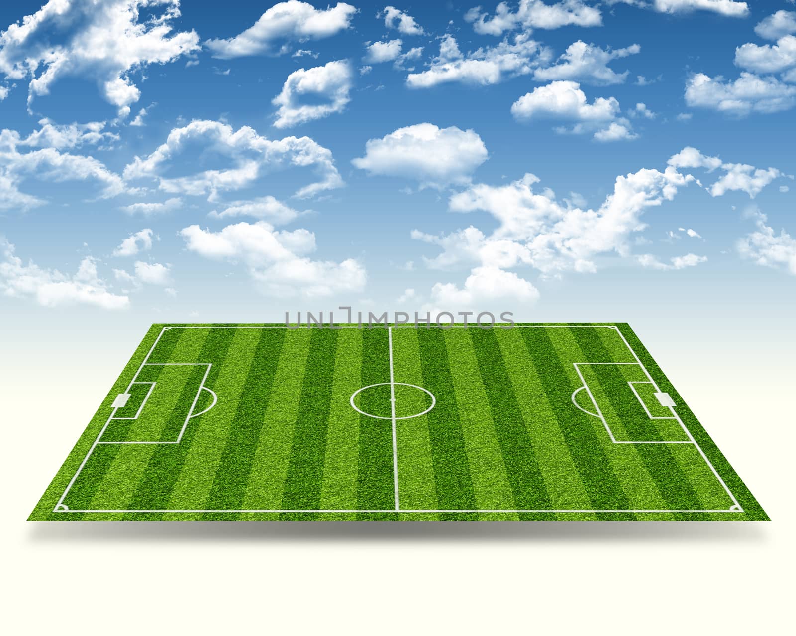 Football stadium with gates on abstract blue sky background, side view