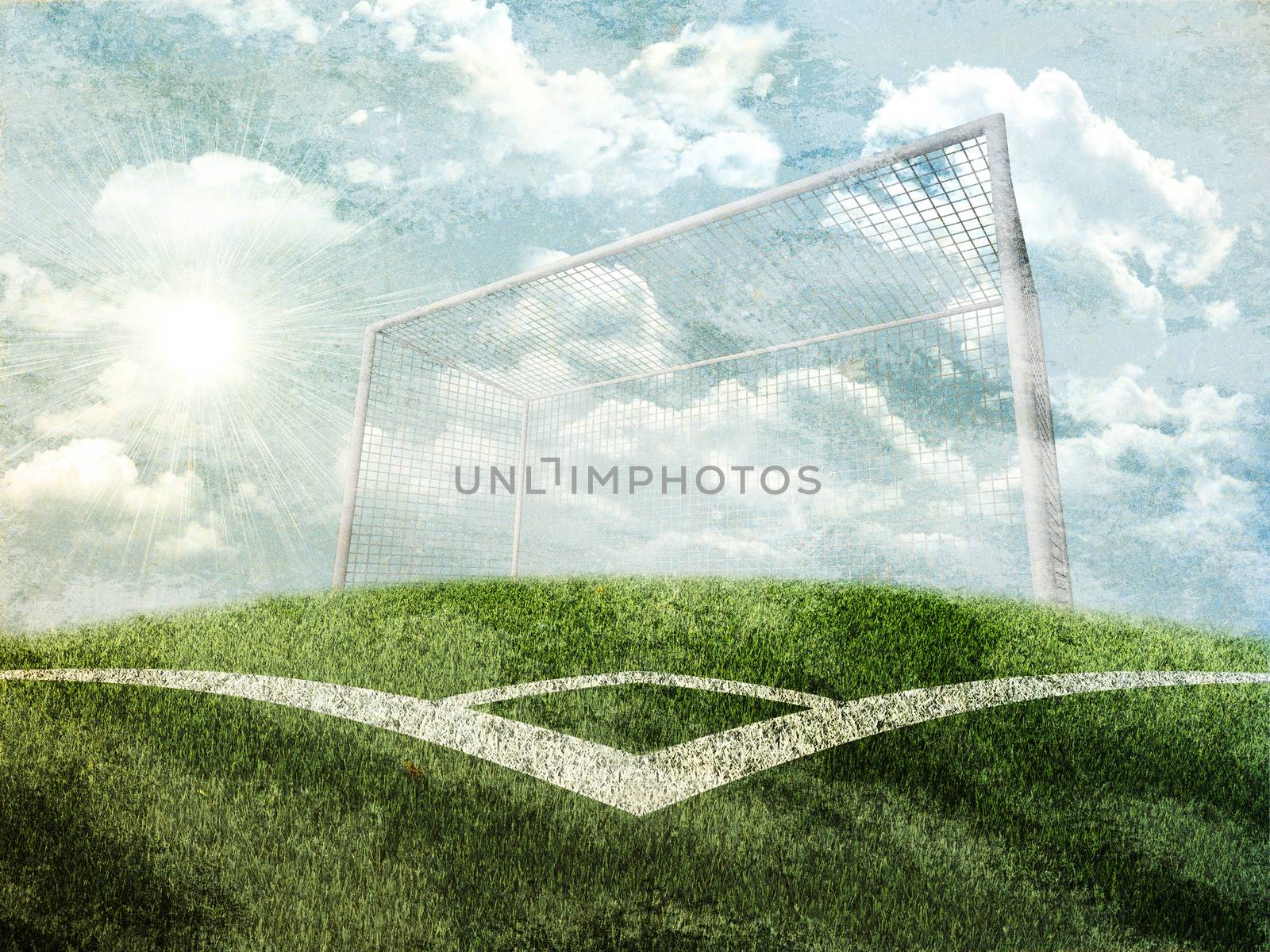 Green nature field with gates and indexing under grey sky. Nature background