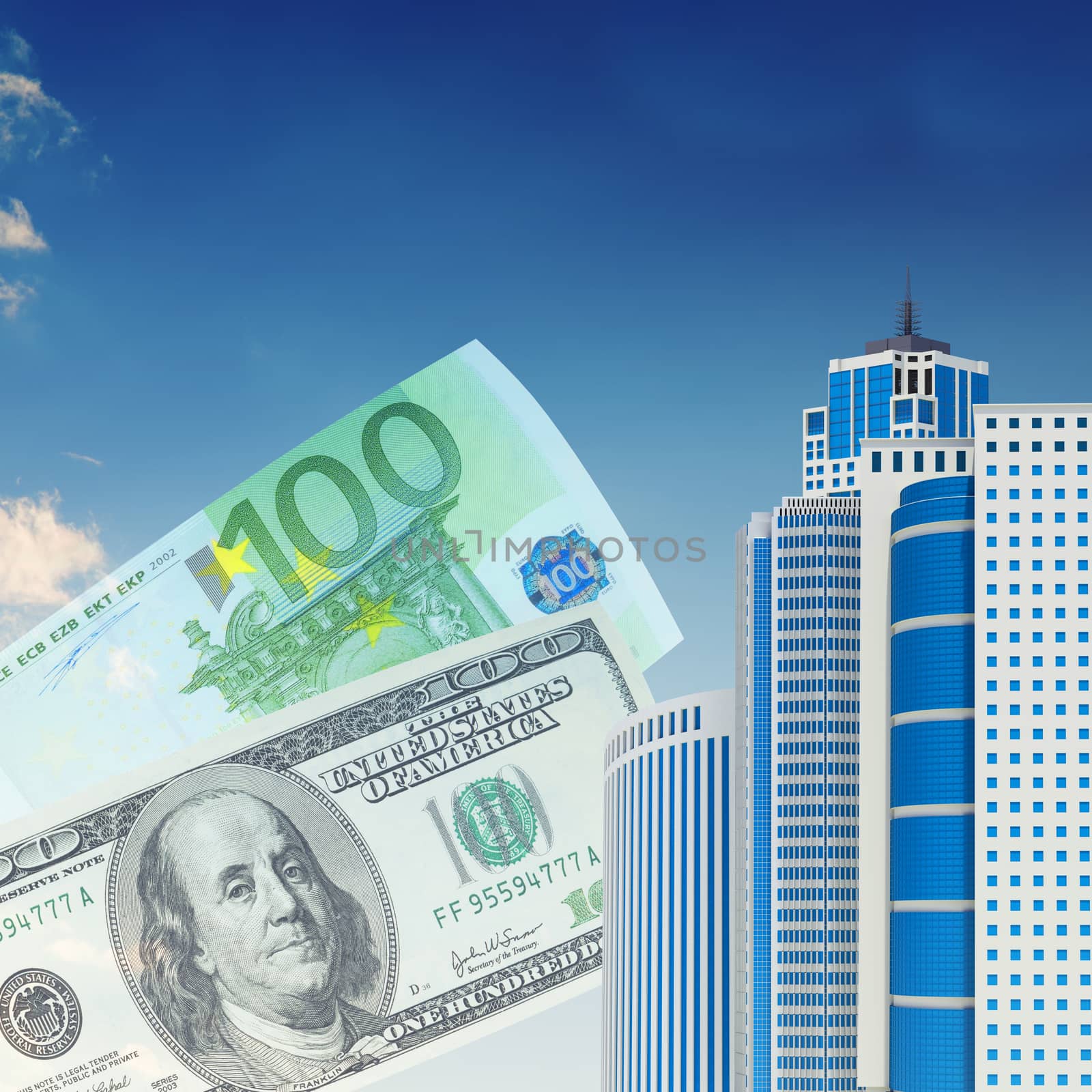 Cityscape with euro and dollar on blue background